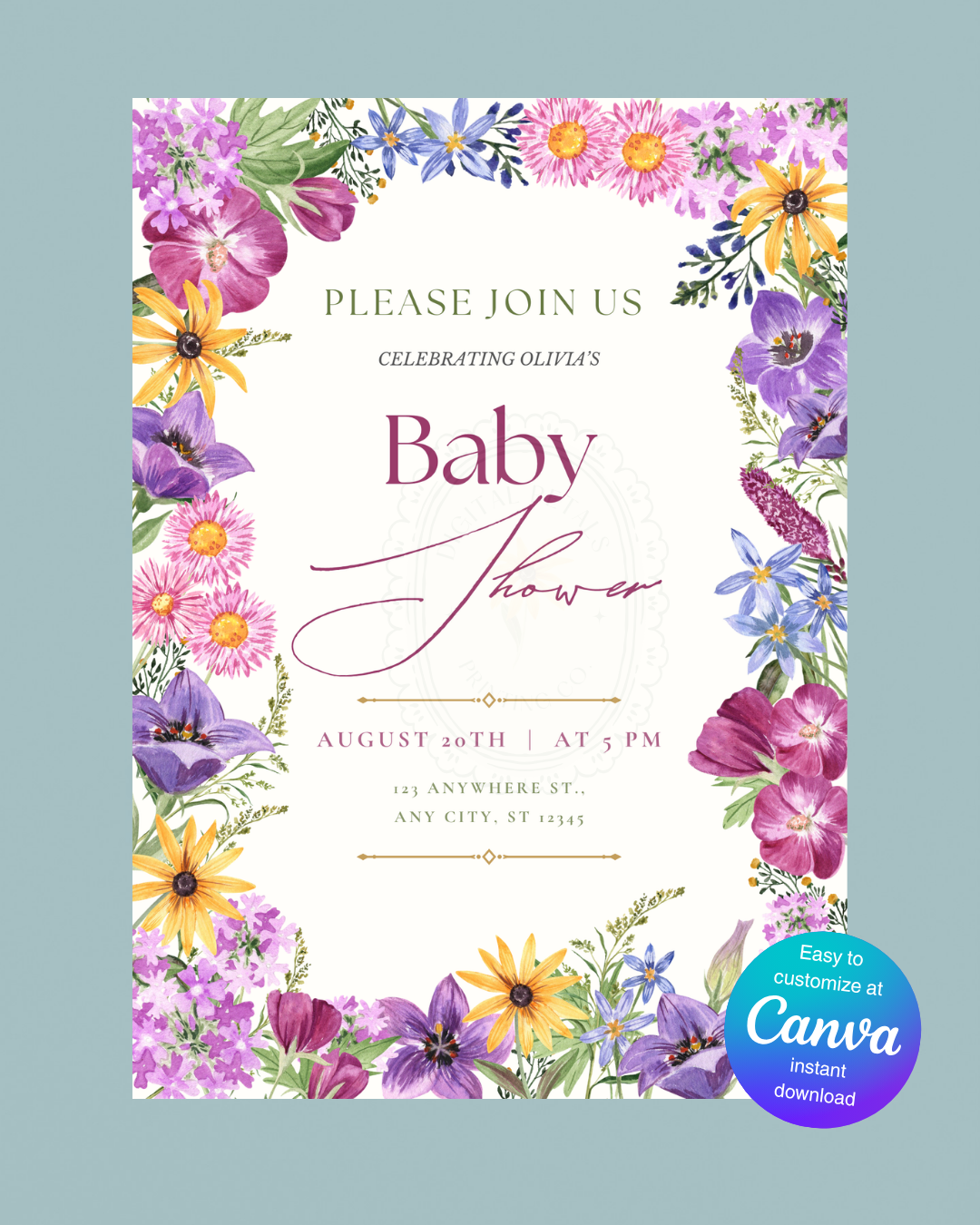Wildflower Baby Shower Invitation | Printable Floral Invite | Digital Download