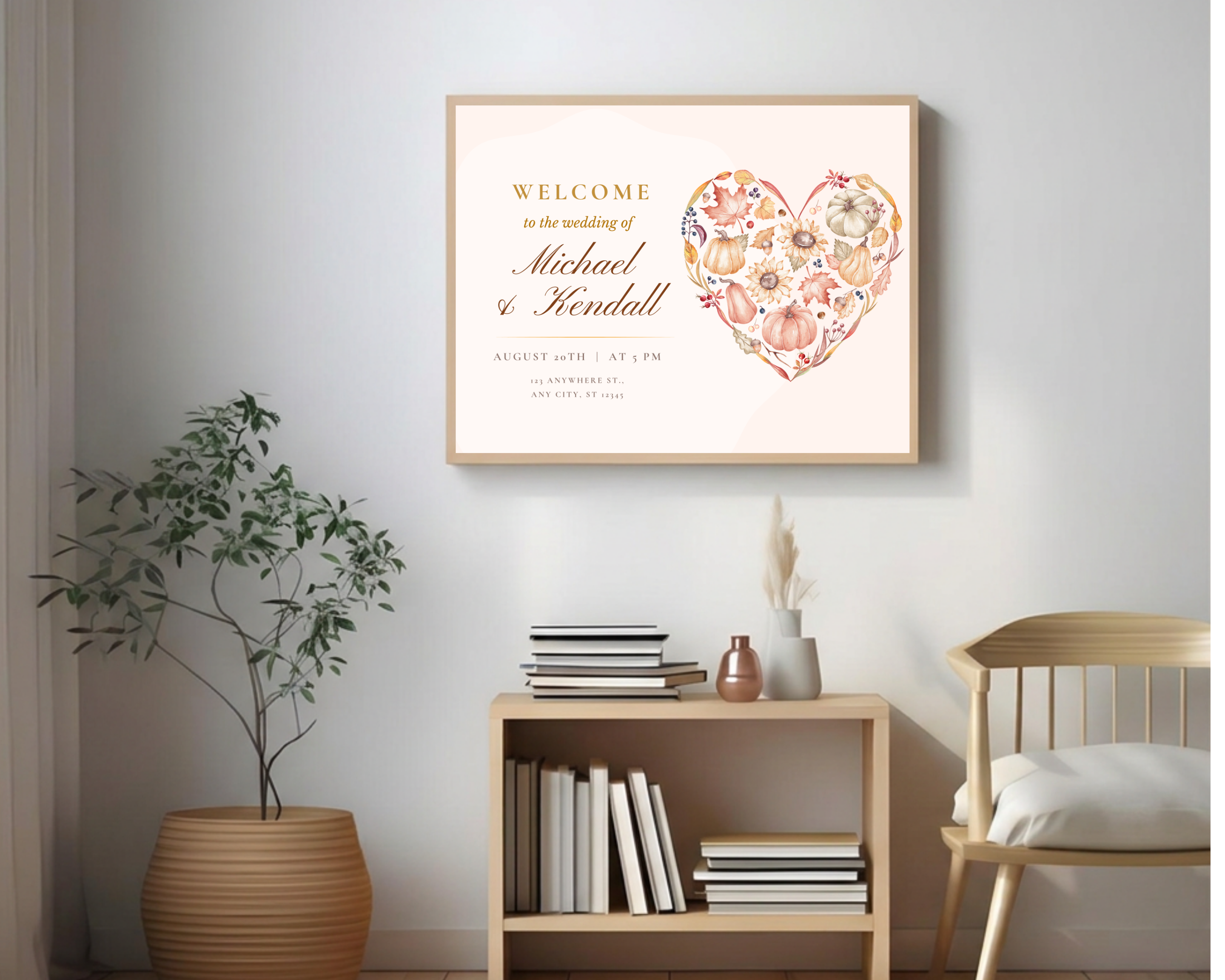 Autumn Wedding Welcome Sign | Rustic Heart Floral Border | Editable Canva Digital Download | Print at Home