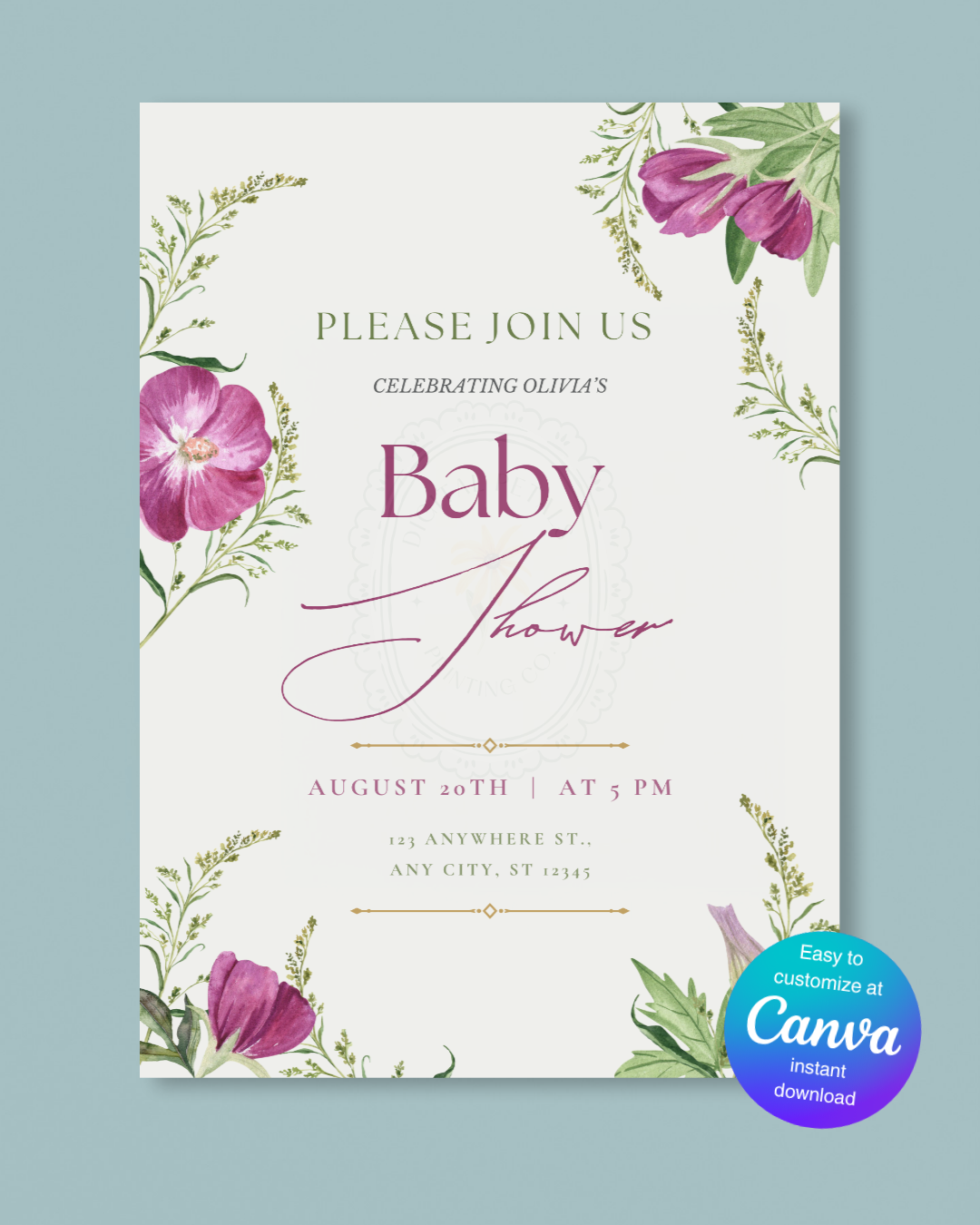 Purple Wildflower Baby Shower Invitation | Minimalist Printable Invite | Digital Download