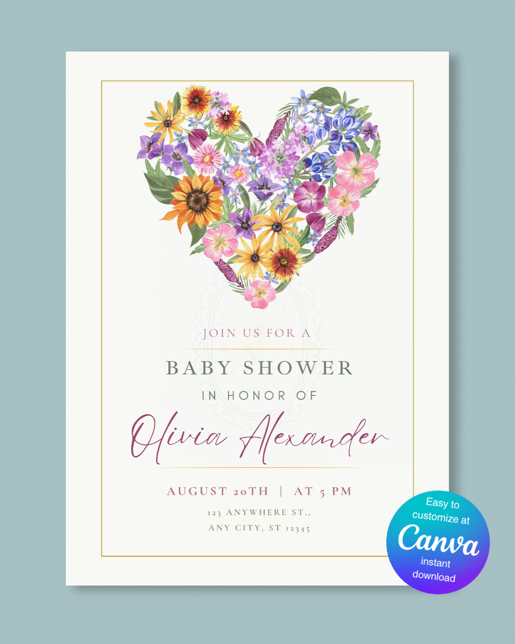Wildflower Heart Baby Shower Invitation — Editable Digital Download Template