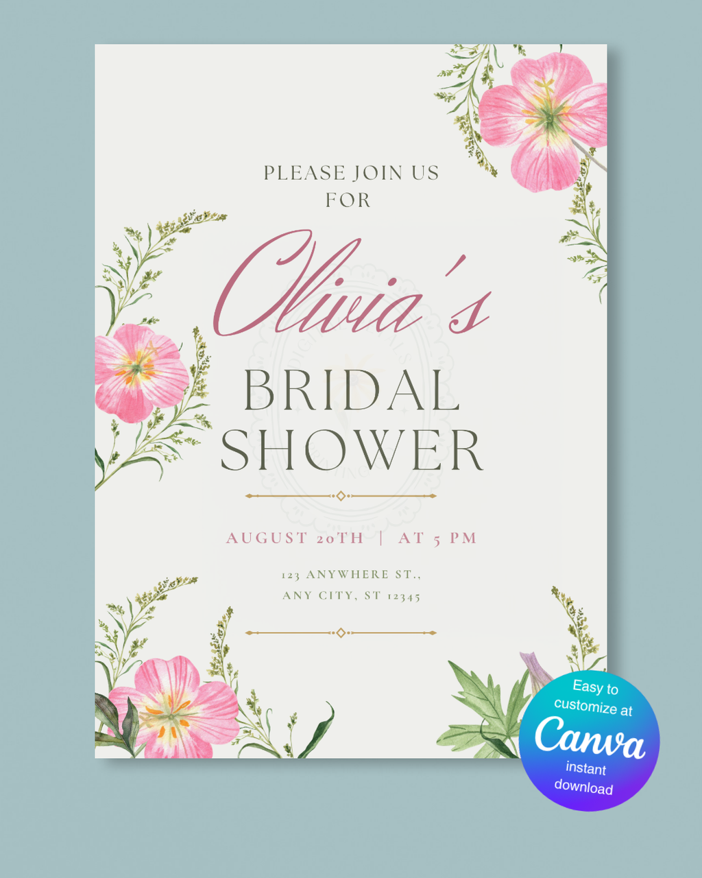 Pink Wildflower Bridal Shower Invitation | Minimalist Printable Invite | Digital Download