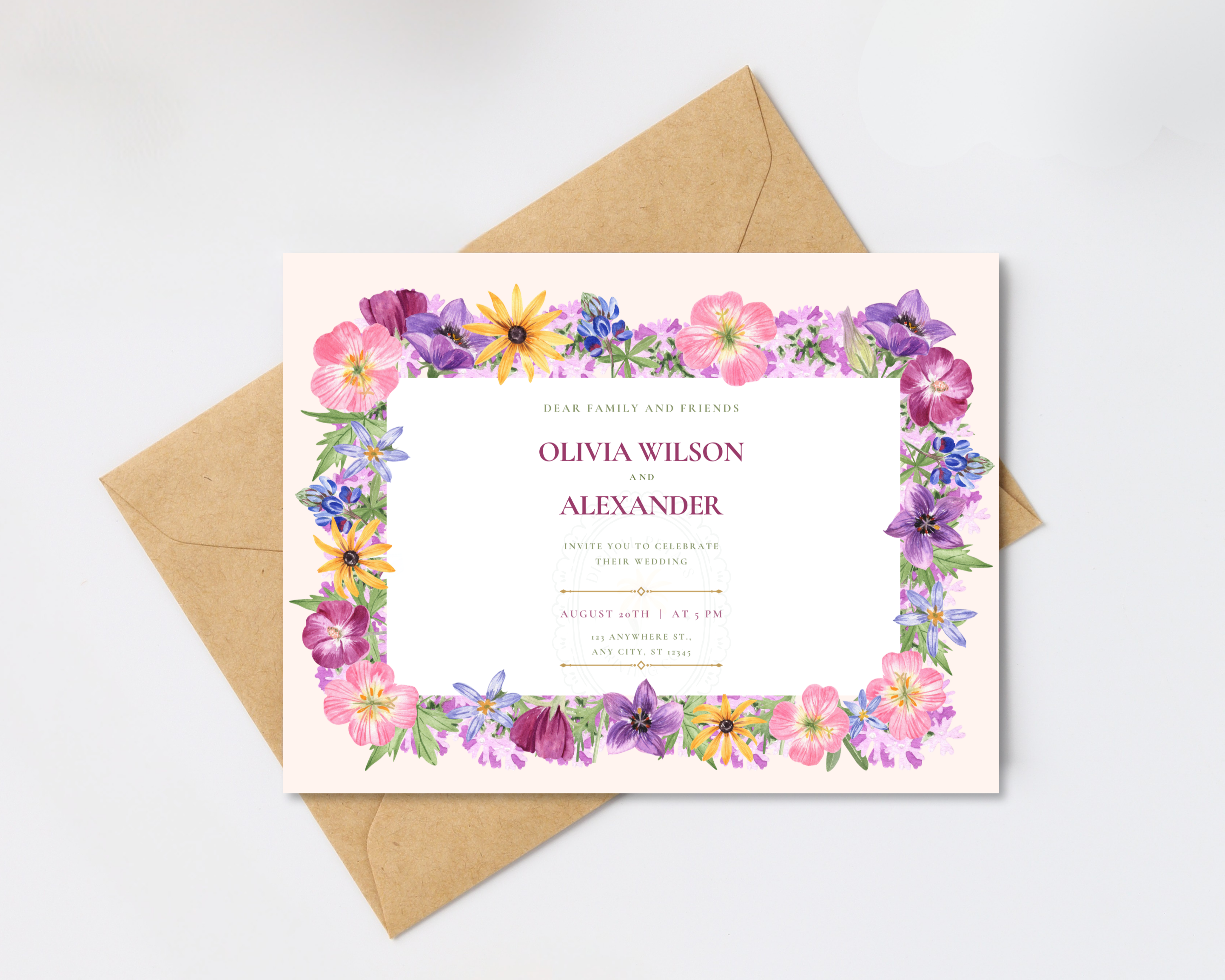 Dusty Lilac Wildflower Border Wedding Landscape Invitation | Printable Landscape Template | Digital Download