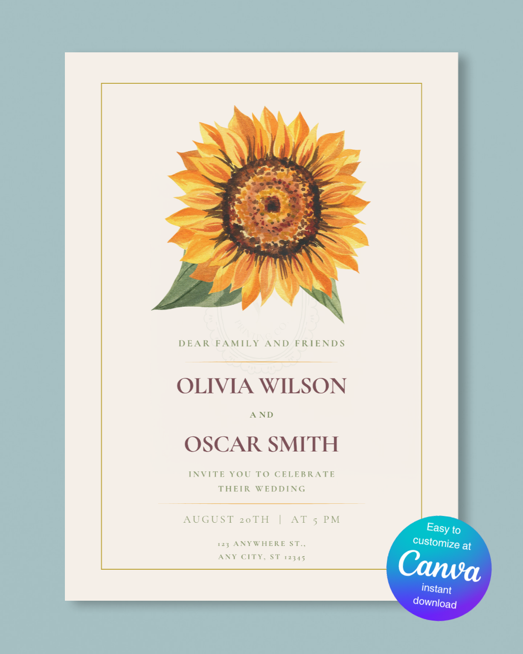 Sunflower Wedding Invitation — Editable Digital Download Template