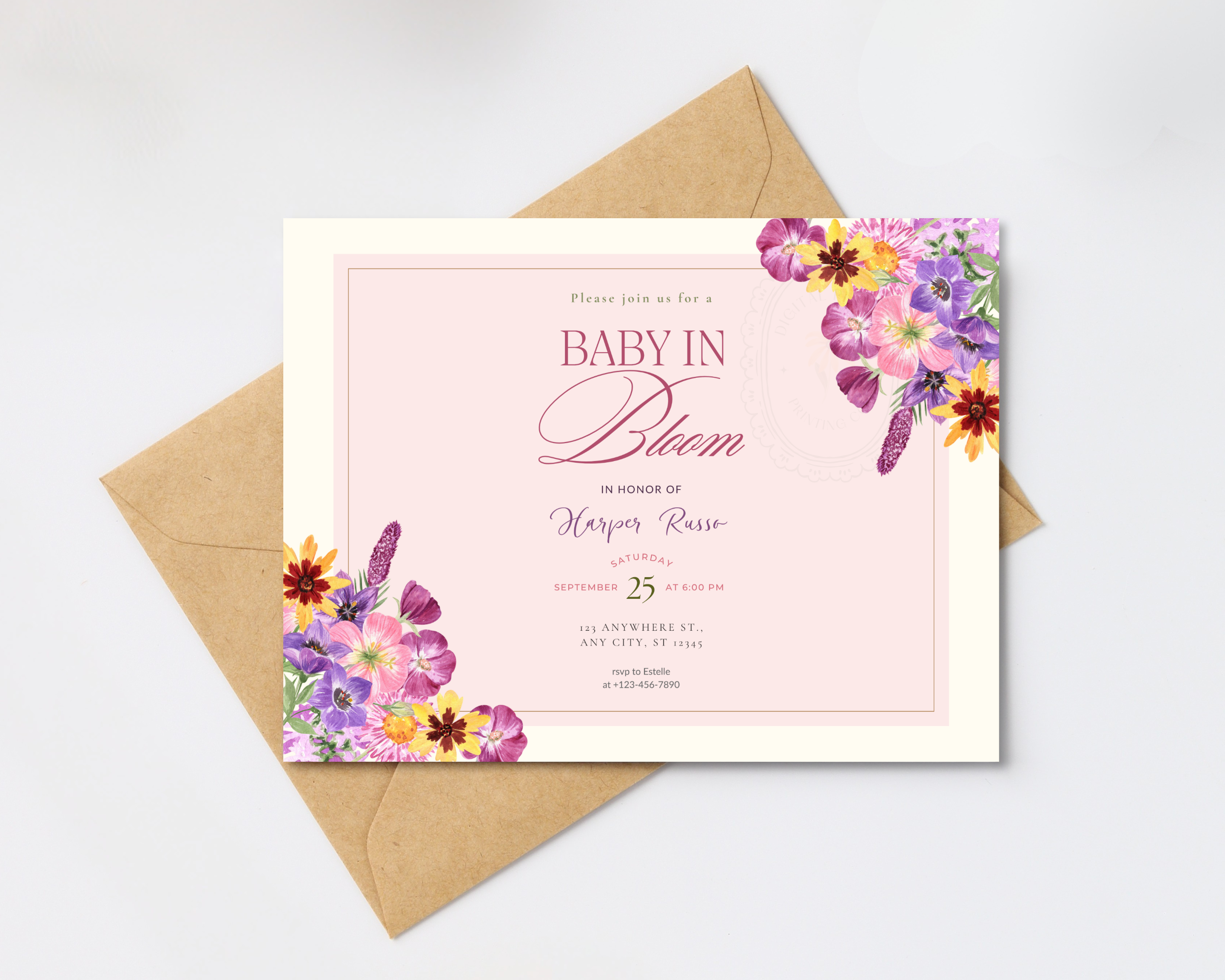 Baby in Bloom Spring Boho Baby Shower Invitation | Landscape Digital Download | Canva Editable