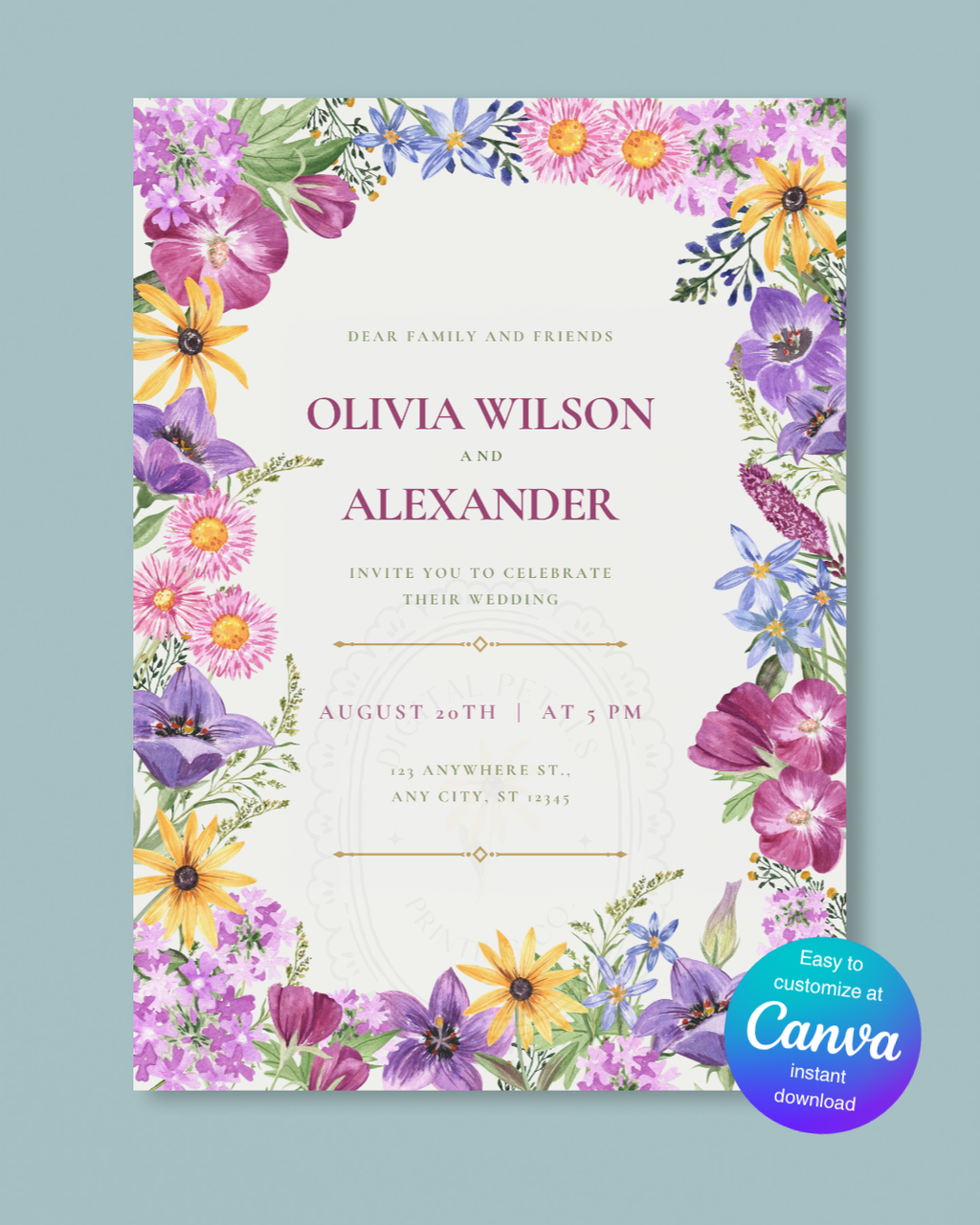 Wildflower Border Wedding Invitation | Printable Botanical Invite | Digital Download