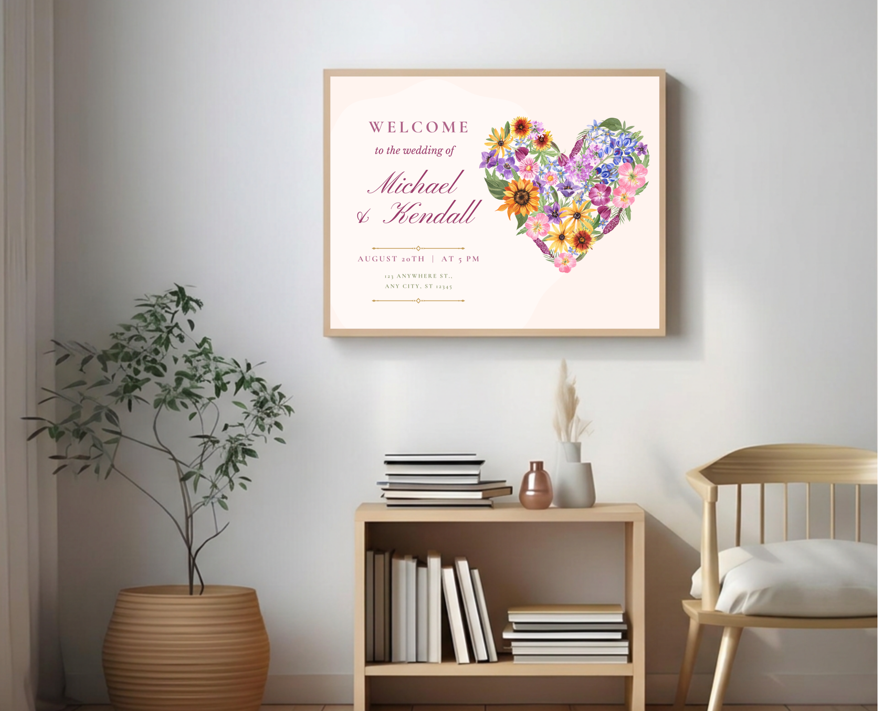 Wildflower Wedding Welcome Sign | Boho Floral Heart Border | Editable Canva Digital Download | Print at Home