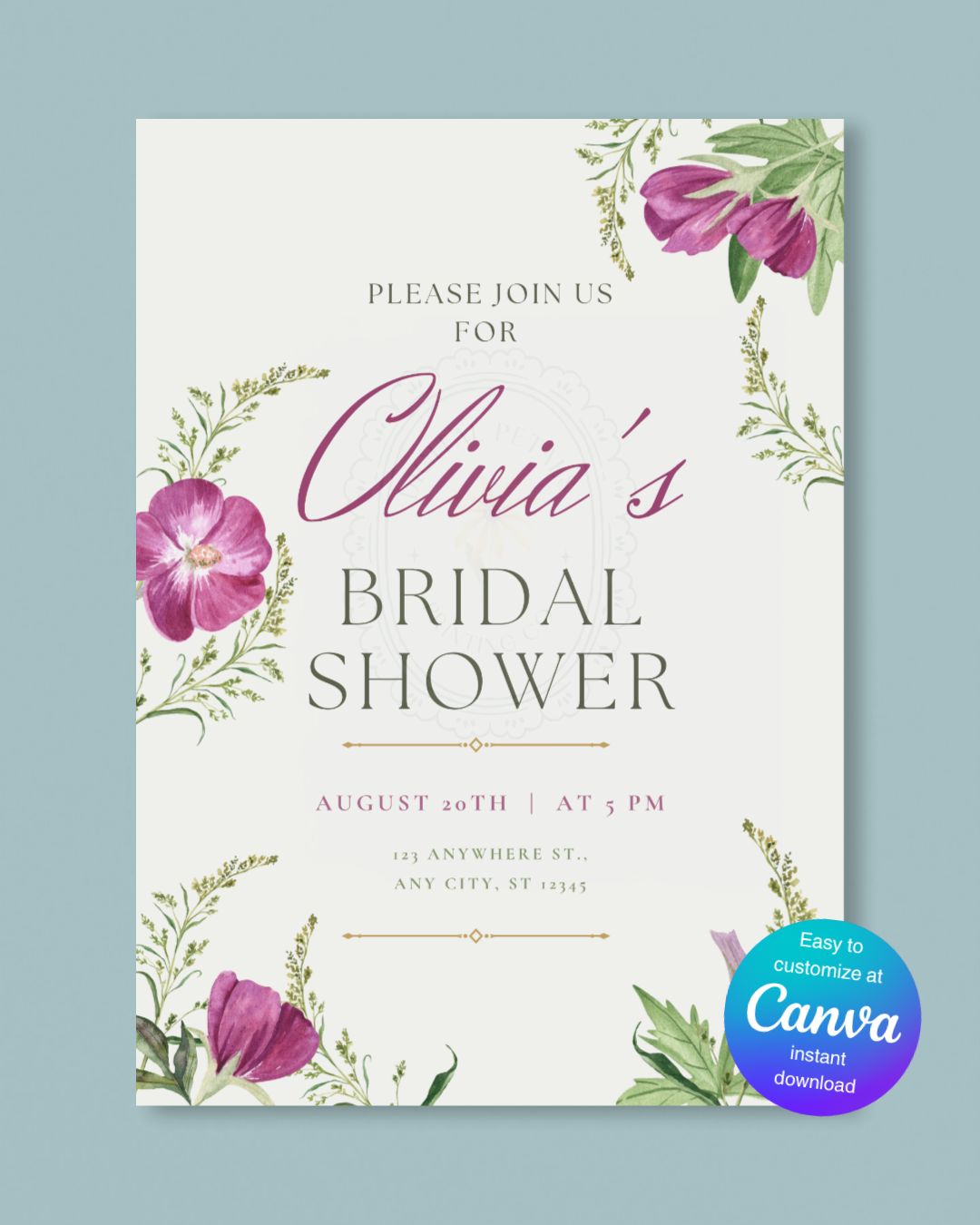 Purple Wildflower Bridal Shower Invitation | Minimalist Printable Invite | Digital Download
