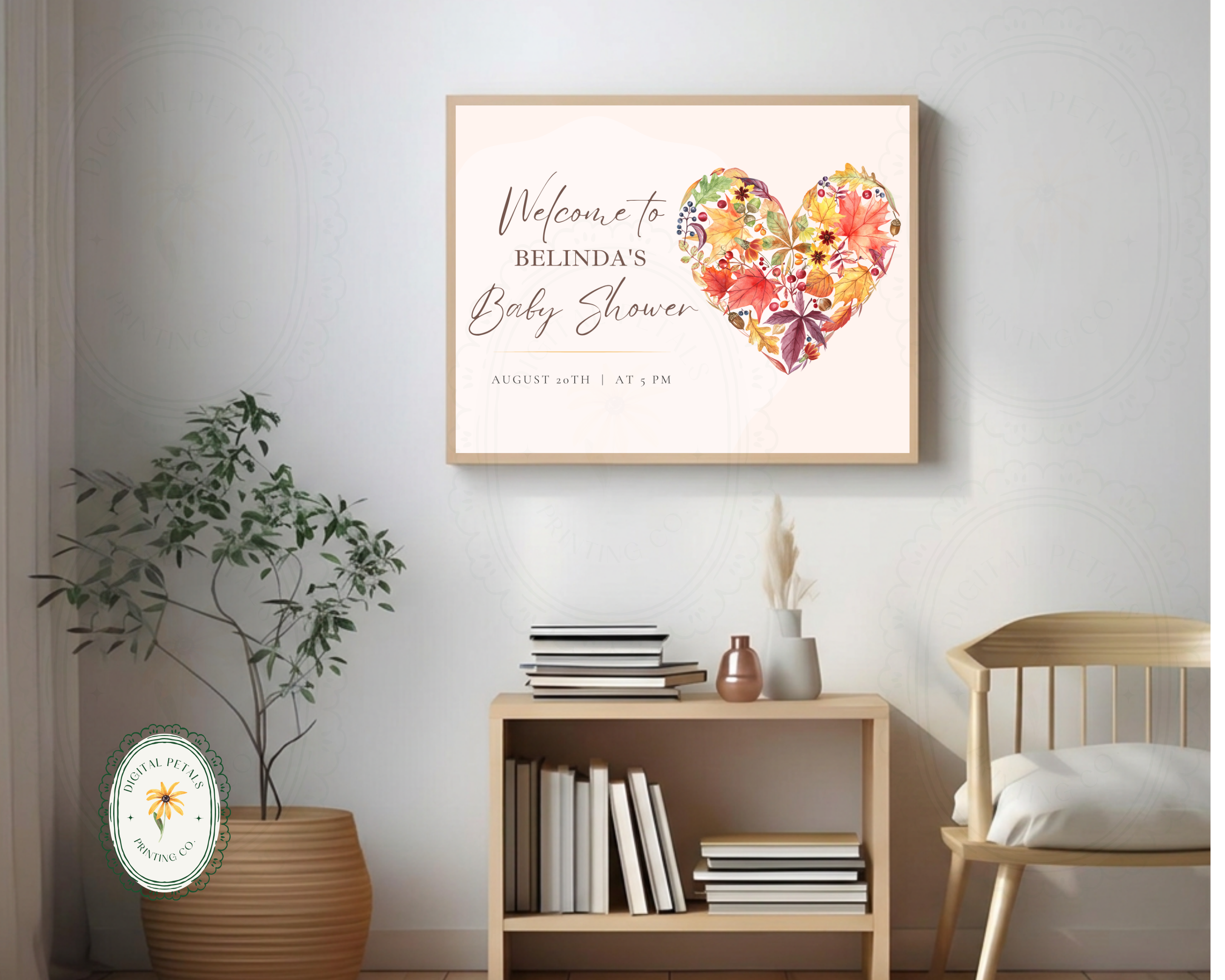 Fall Wildflower Baby Shower Welcome Sign | Boho Heart Border | Editable Canva Digital Download | Print at Home