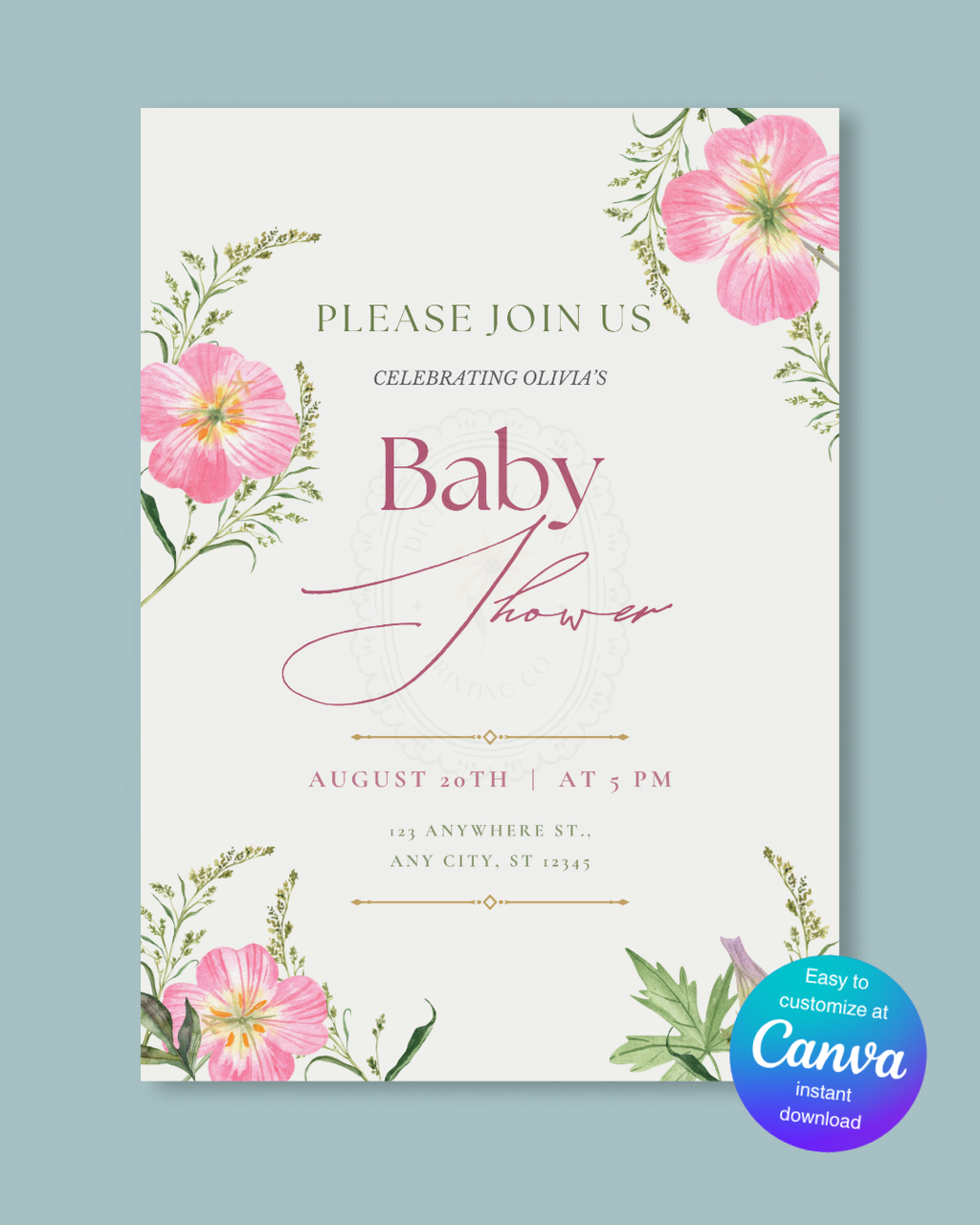 Pink Wildflower Baby Shower Invitation | Minimalist Printable Invite | Digital Download