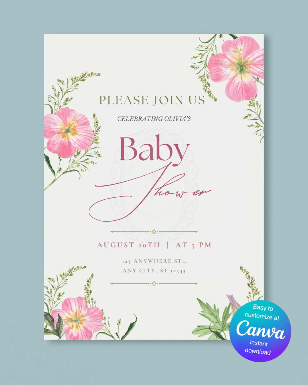 Pink Wildflower Baby Shower Invitation | Minimalist Printable Invite | Digital Download