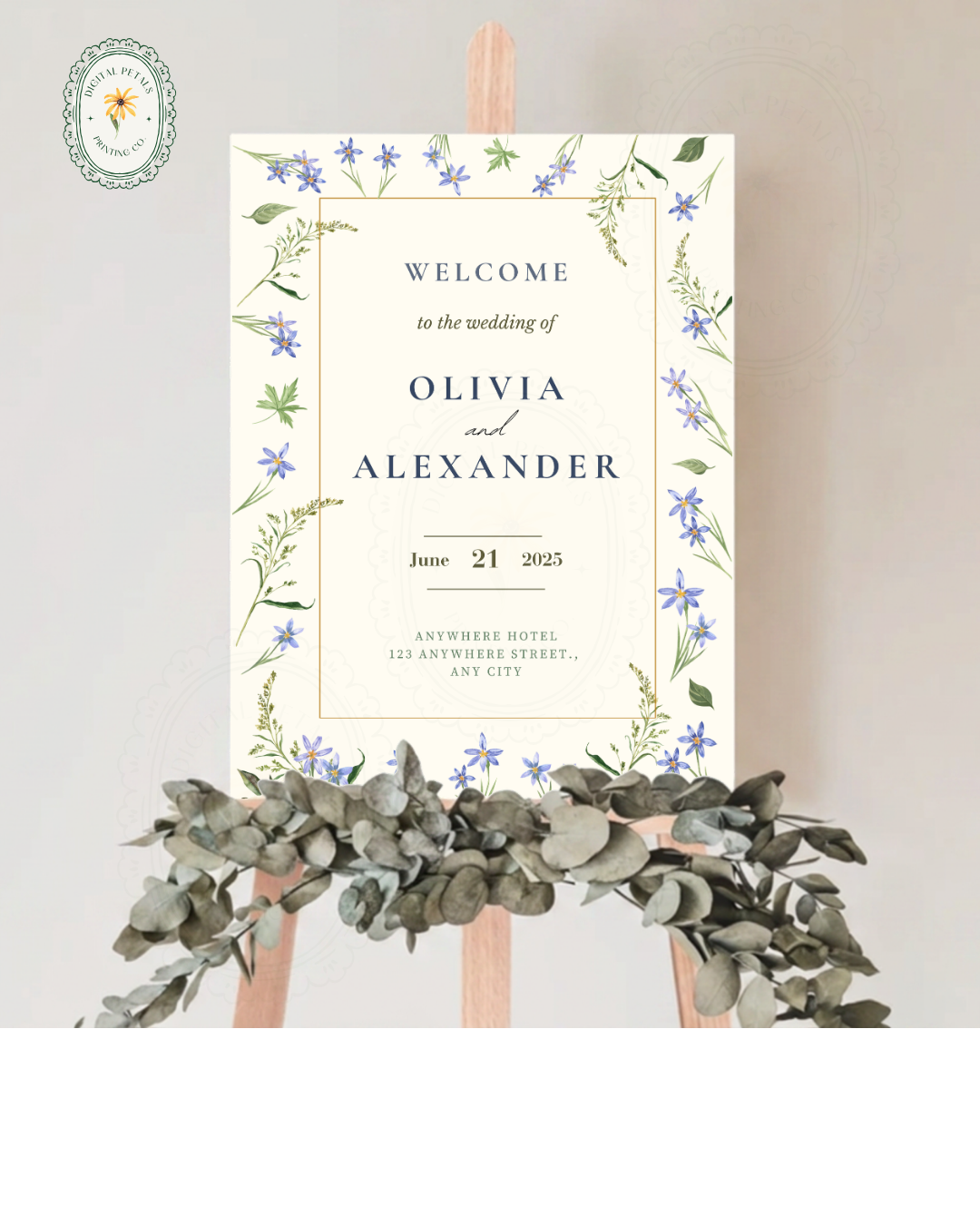 Dusty Blue Floral Botanical Wedding Welcome Sign | Editable Canva Template | Digital Download