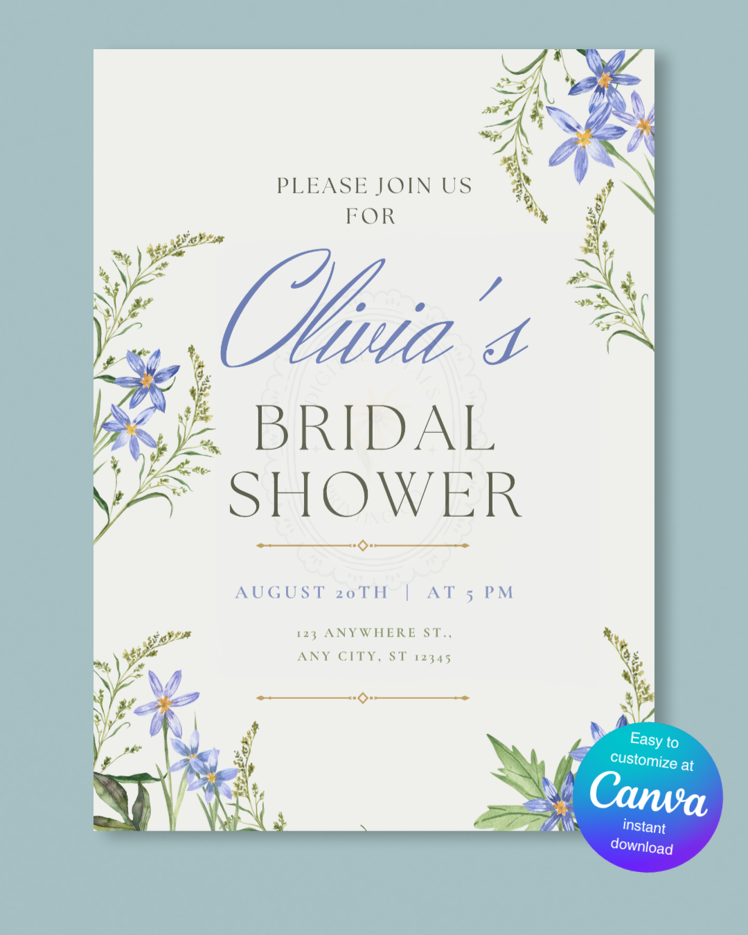 Blue Wildflower Bridal Shower Invitation | Minimalist Printable Invite | Digital Download