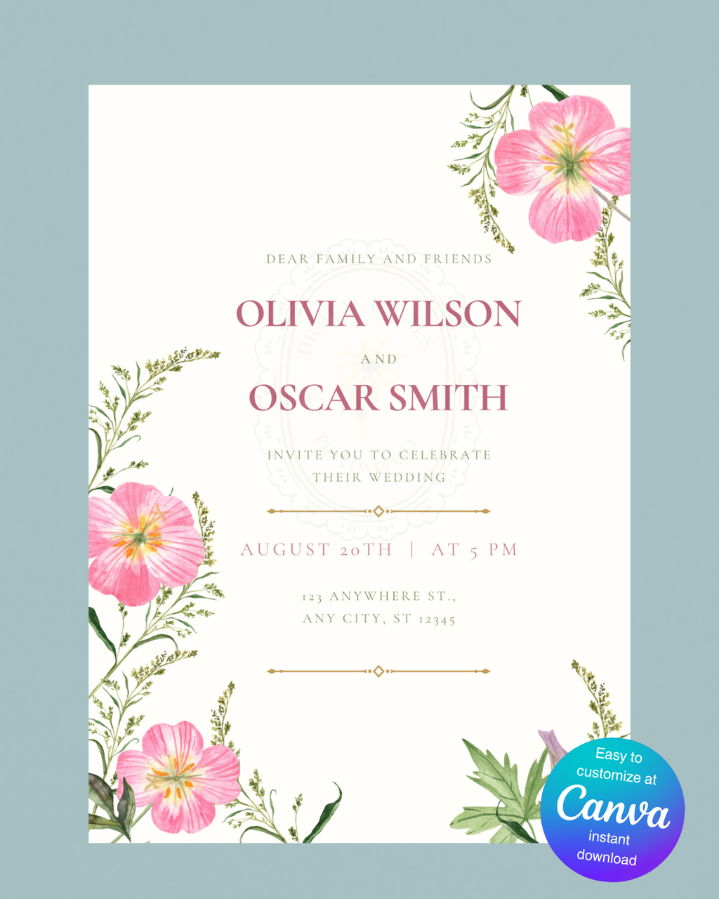 Pink Primrose Wildflower Wedding Invitation | Minimalist Printable Invite | Digital Download