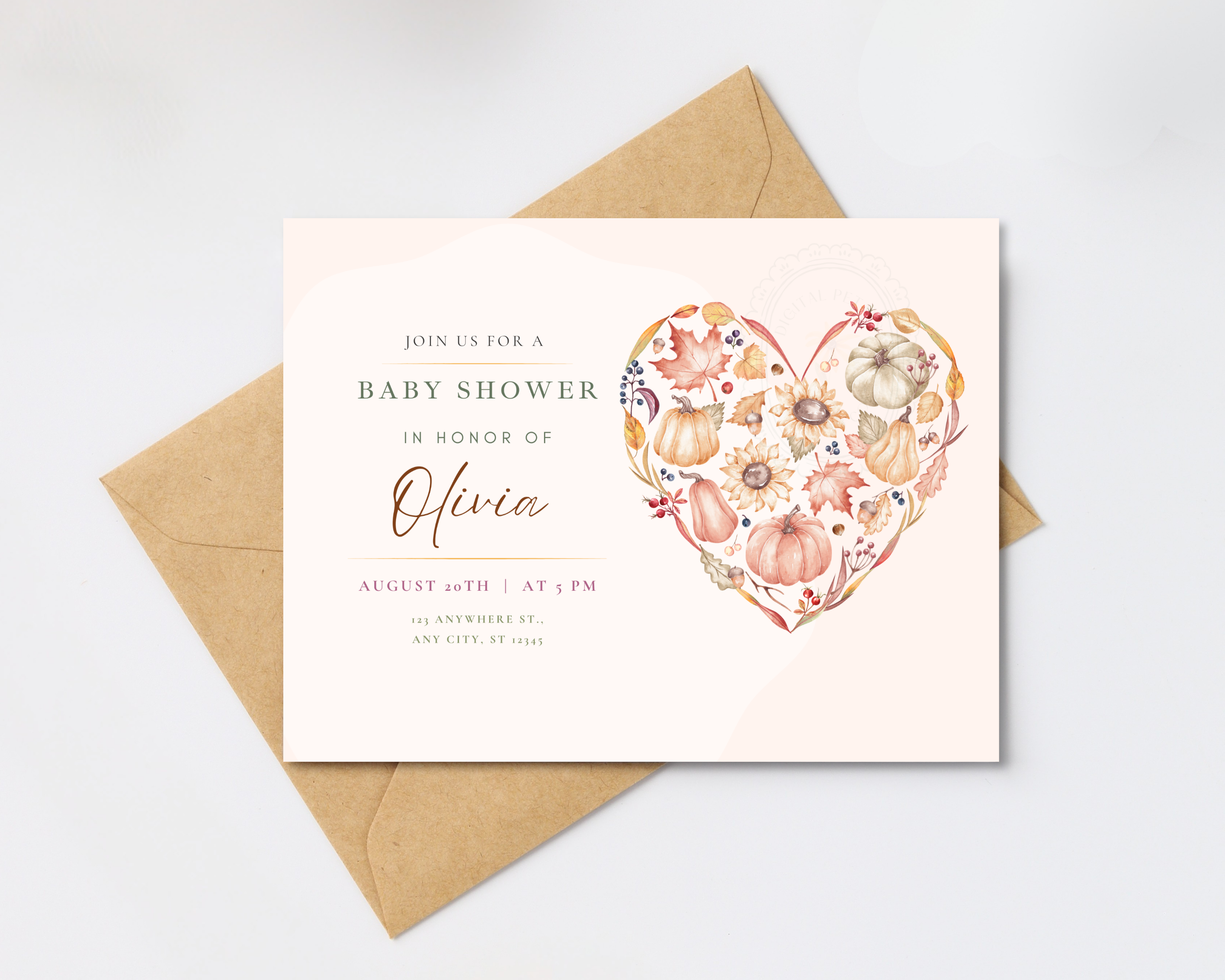 Autumn Heart Baby Shower Invitation | Autumn Floral Landscape | Canva Digital Download
