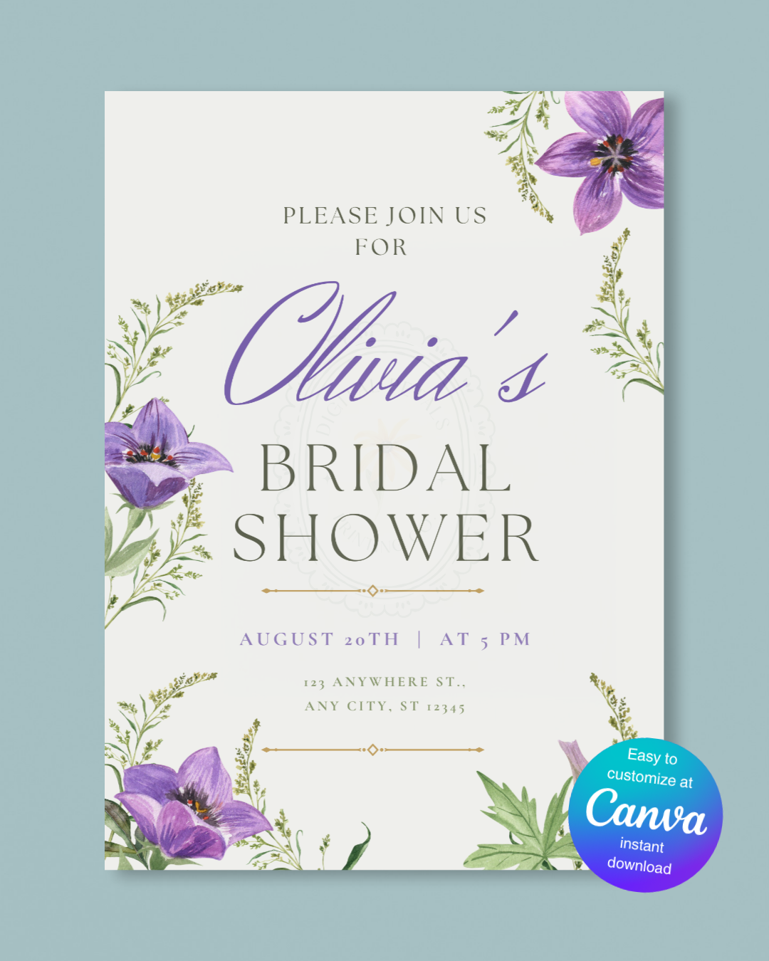 Violet Wildflower Bridal Shower Invitation | Minimalist Printable Invite | Digital Download