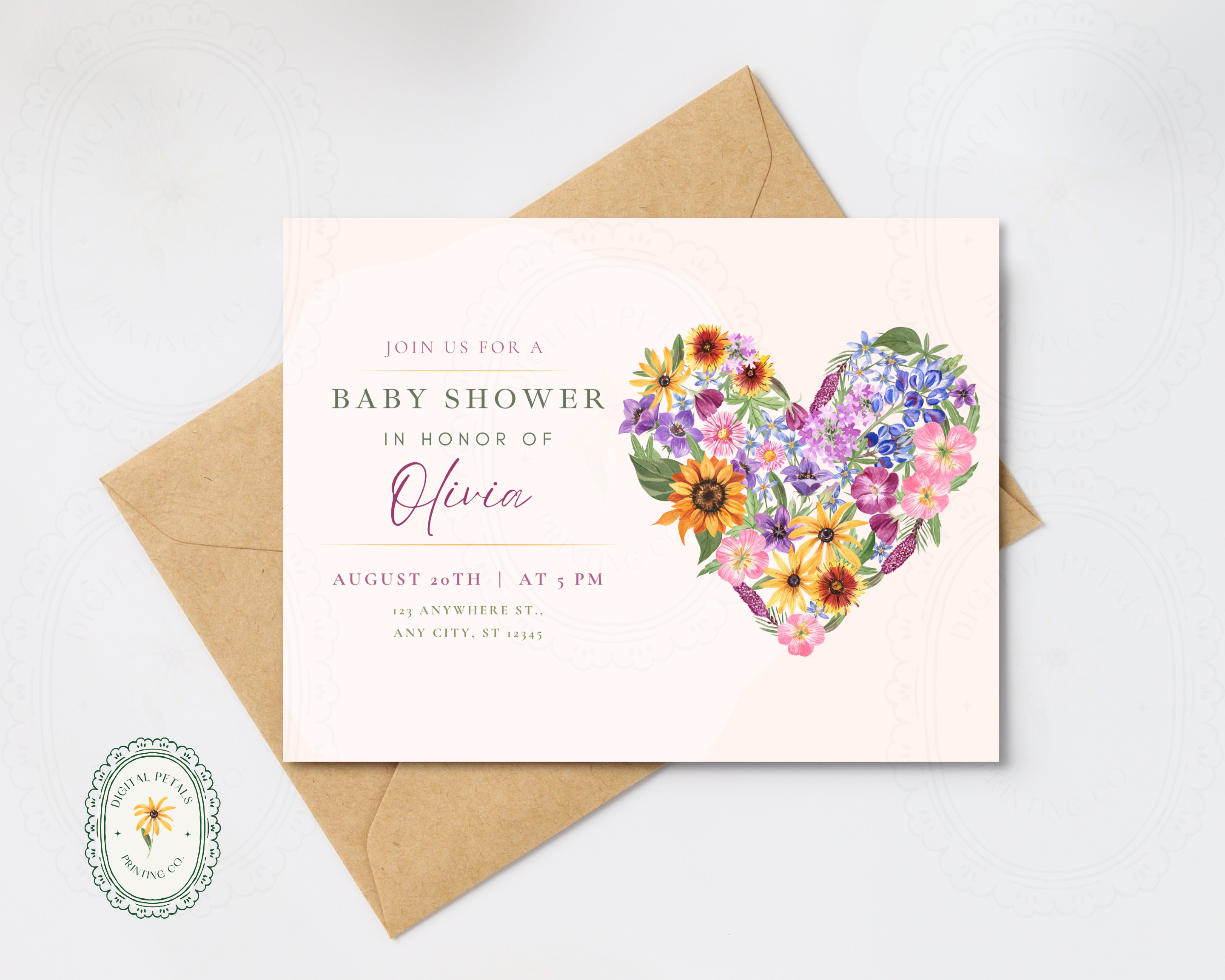 Lavender Cream Spring Heart Baby Shower Landscape Invitation | Floral Digital Download | Canva Editable