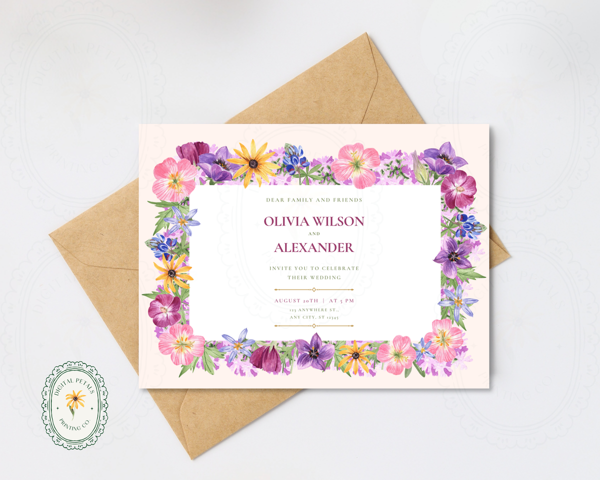Dusty Lilac Wildflower Border Wedding Landscape Invitation | Printable Landscape Template | Digital Download