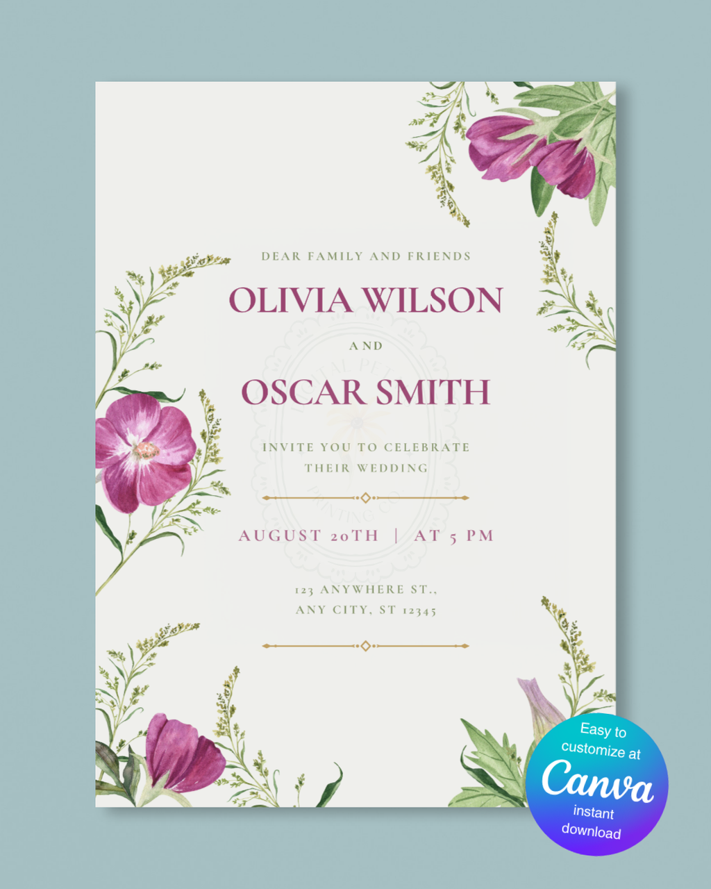 Purple Wildflower Wedding Invitation | Minimalist Printable Invite | Digital Download