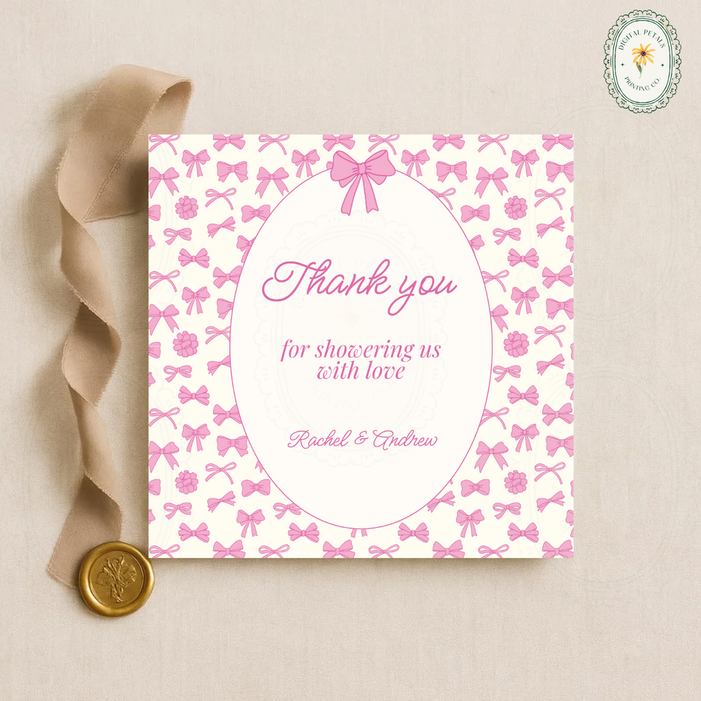 Pink Ribbons & Bows Baby Shower Thank You Card Template | Editable Canva Digital Download