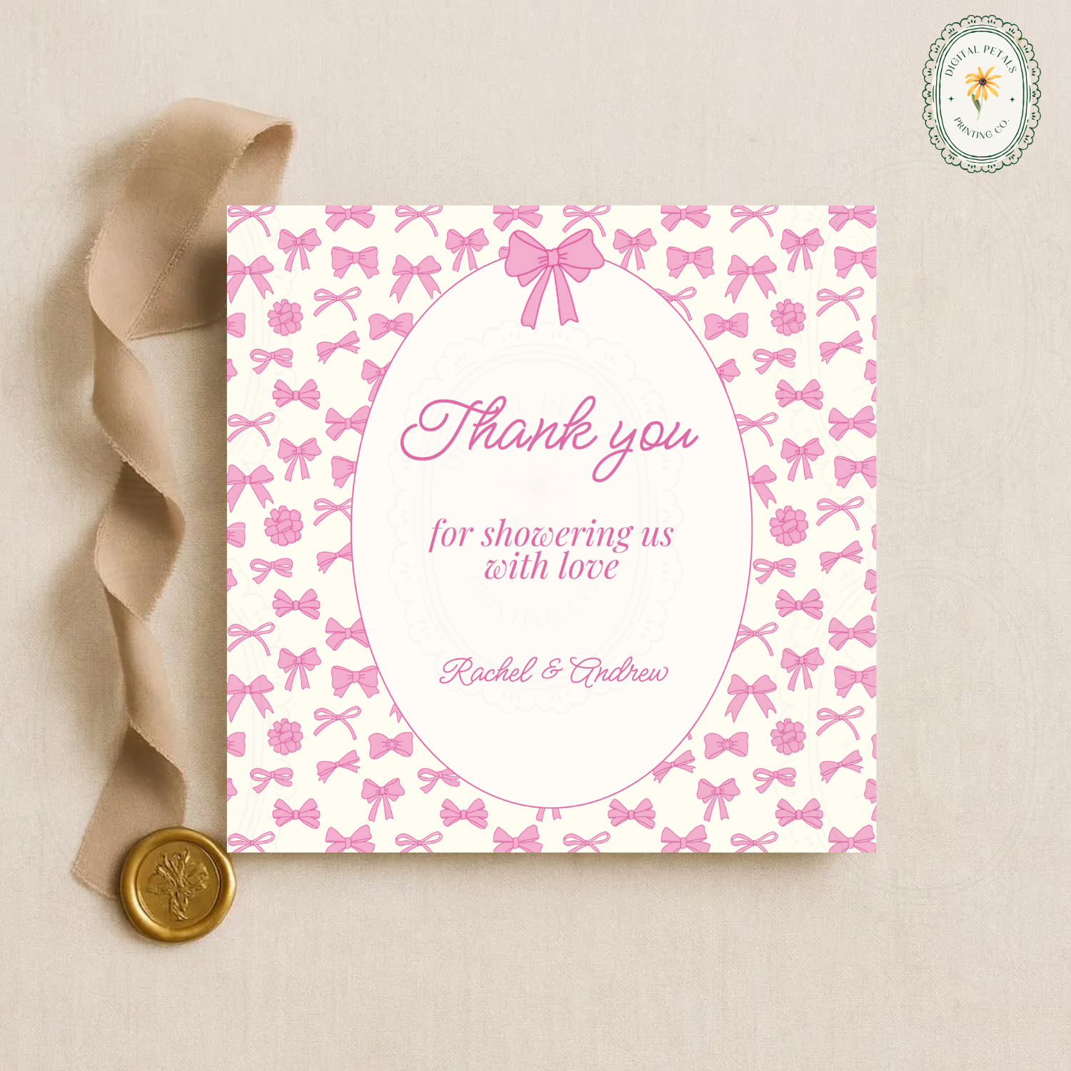 Pink Ribbons & Bows Baby Shower Thank You Card Template | Editable Canva Digital Download