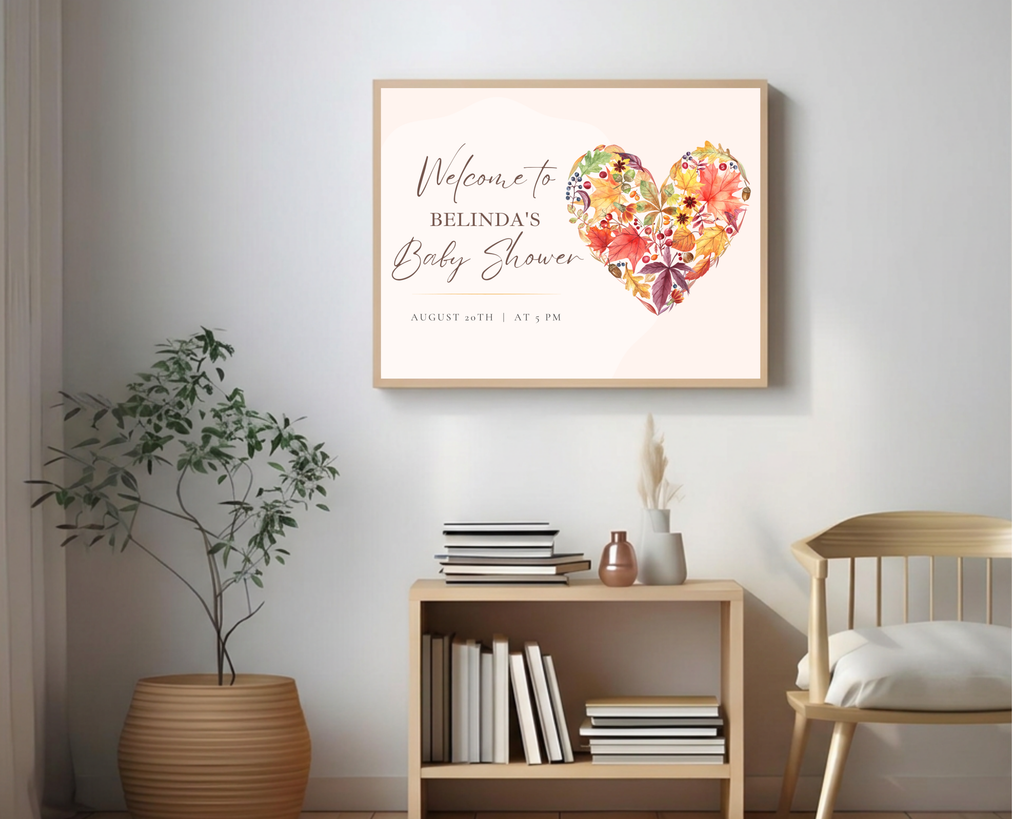 Fall Wildflower Baby Shower Welcome Sign | Boho Heart Border | Editable Canva Digital Download | Print at Home