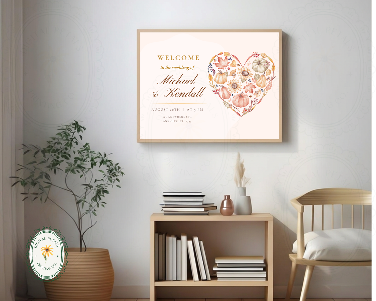 Autumn Wedding Welcome Sign | Rustic Heart Floral Border | Editable Canva Digital Download | Print at Home