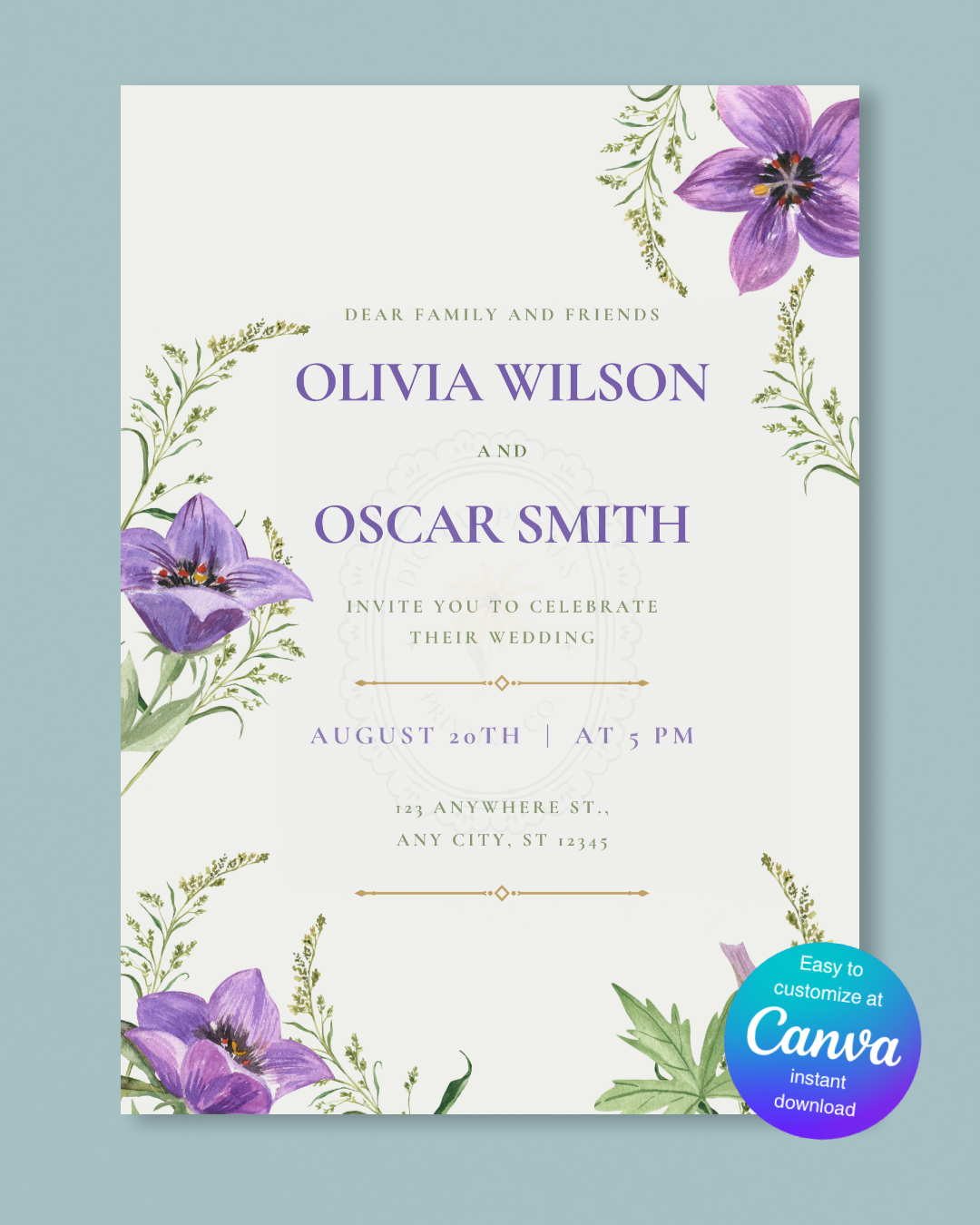 Violet Wildflower Wedding Invitation | Minimalist Printable Invite | Digital Download