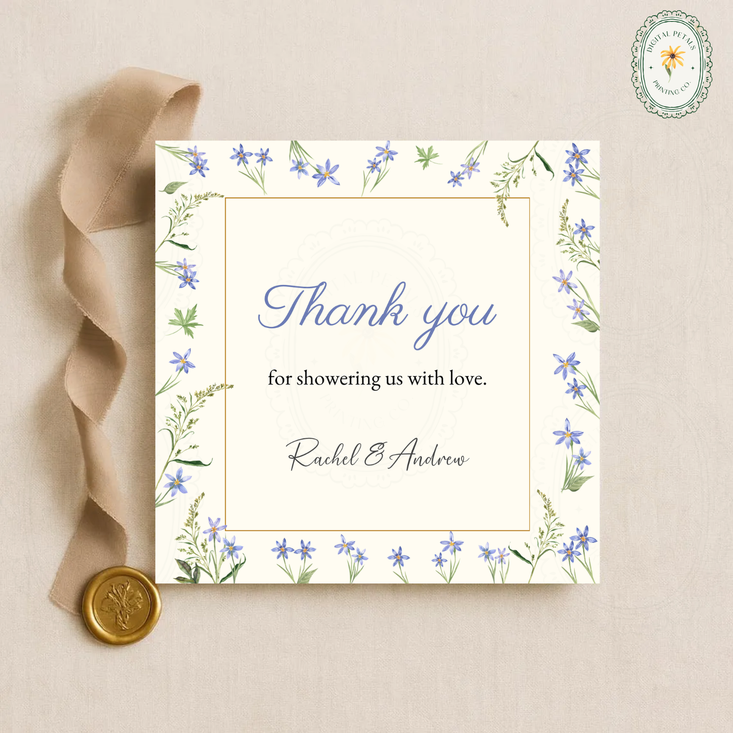 Dusty Blue Floral Border Thank You Card Template | Editable Canva Digital Download