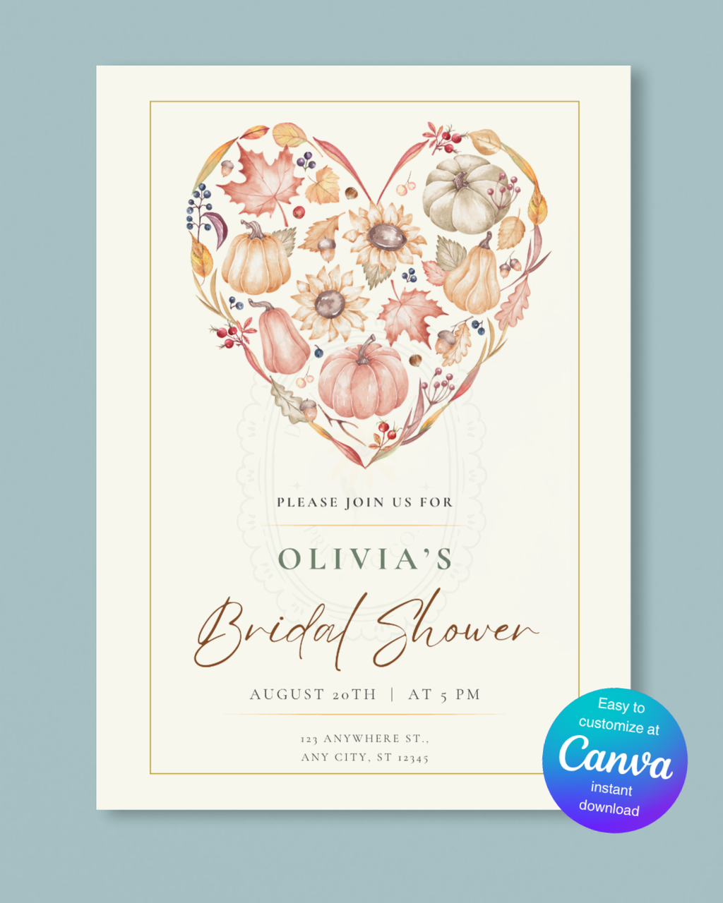 Autumn Heart Bridal Shower Invitation | Printable Floral Invite | Digital Download
