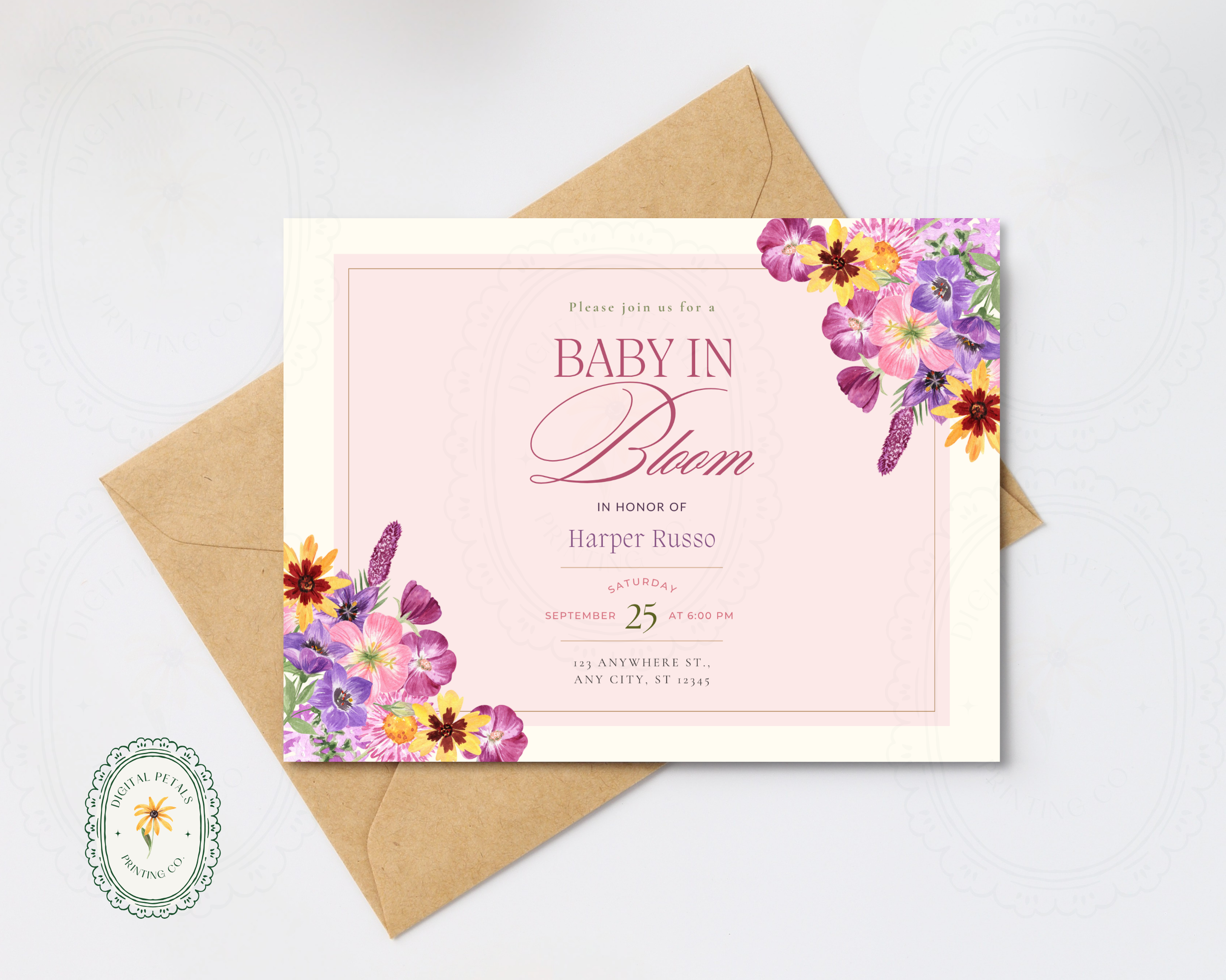 Baby in Bloom Spring Boho Baby Shower Invitation | Landscape Digital Download | Canva Editable
