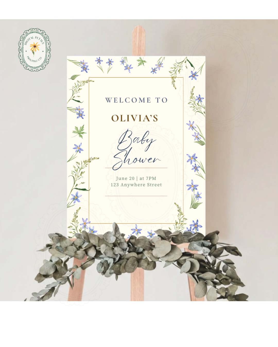 Dusty Blue Floral Botanical Baby Shower Welcome Sign | Editable Canva Template | Digital Download