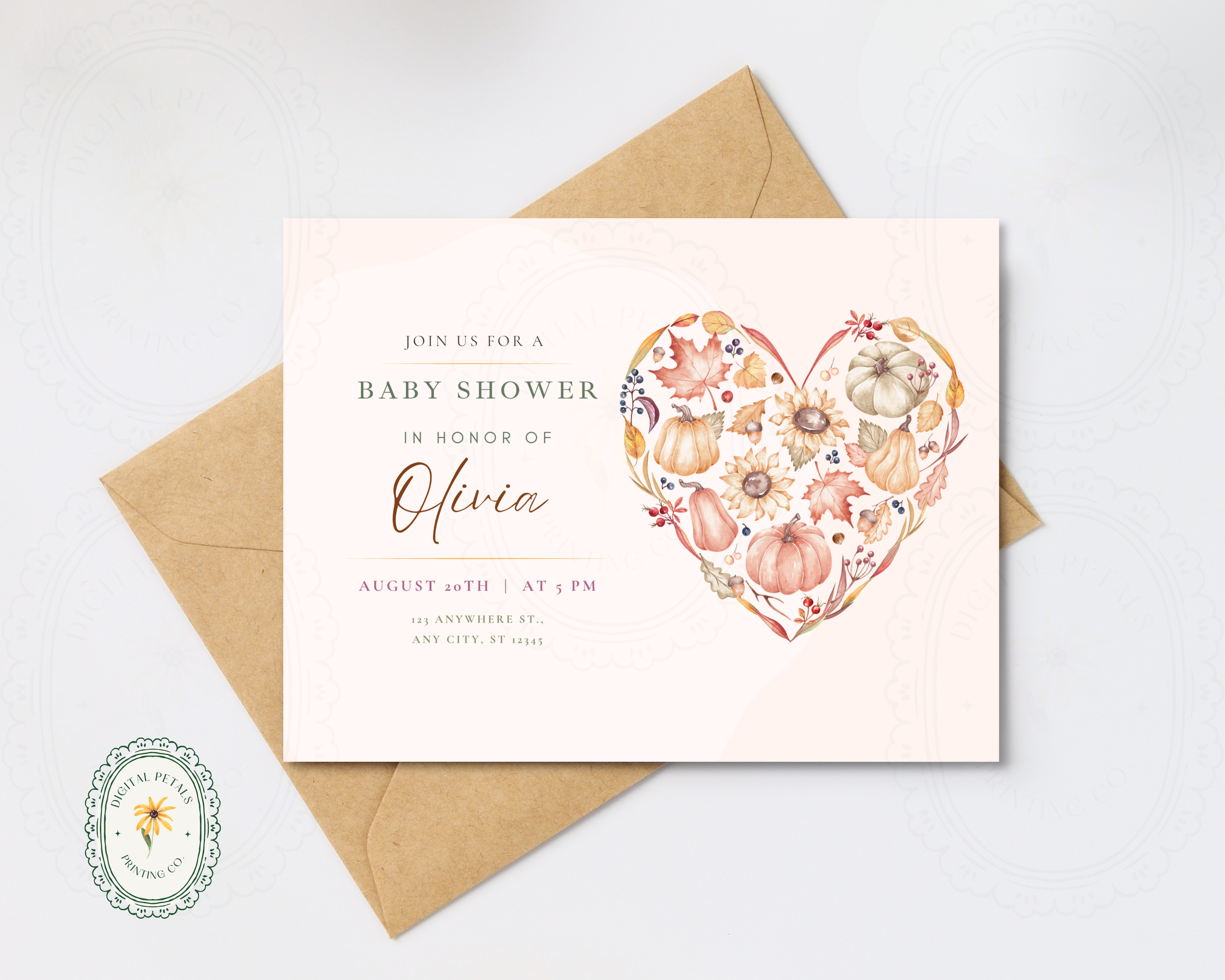 Autumn Heart Baby Shower Invitation | Autumn Floral Landscape | Canva Digital Download