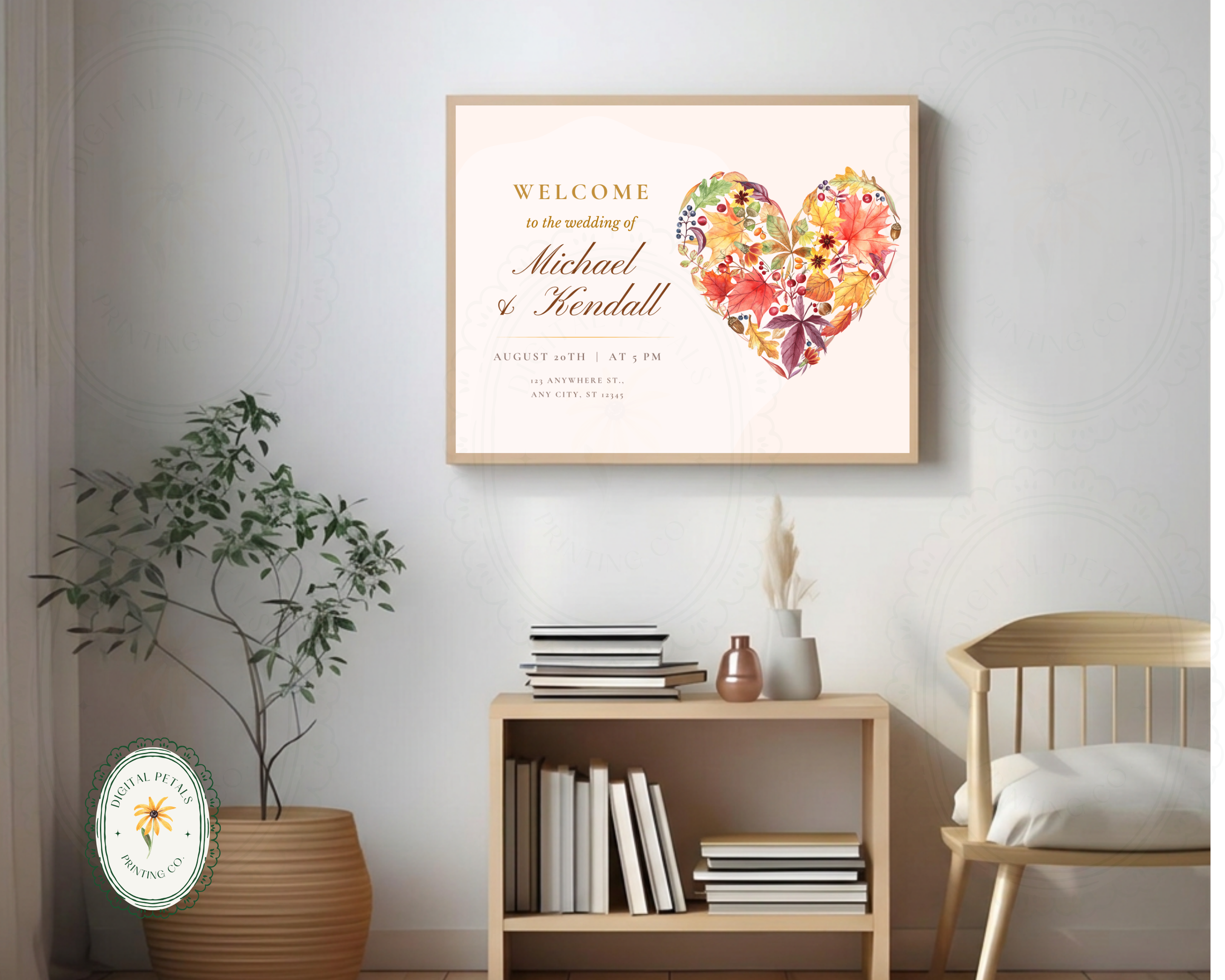Fall Wildflower Wedding Welcome Sign | Boho Heart Border | Editable Canva Digital Download | Print at Home