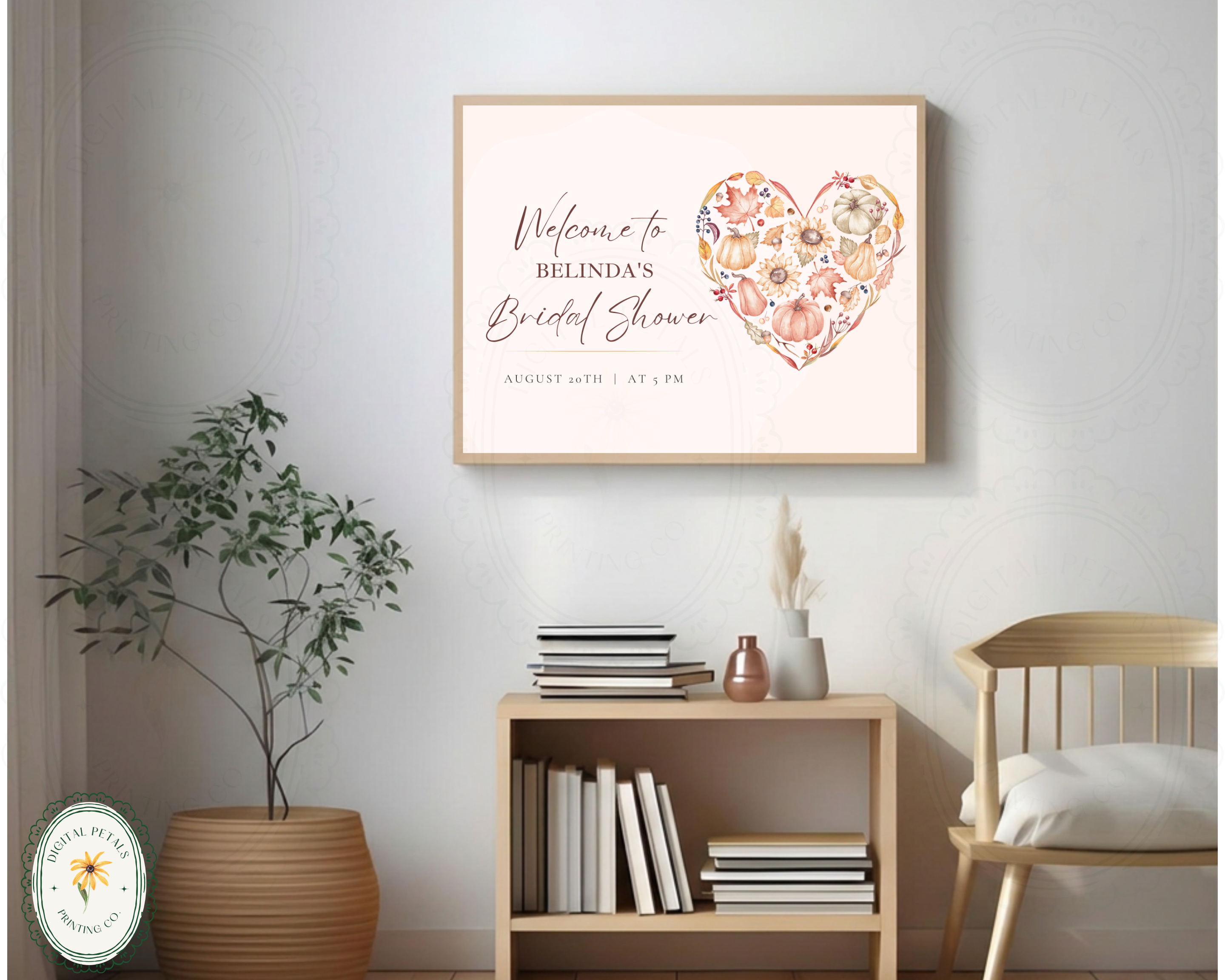 Autumn Bridal Shower Welcome Sign | Rustic Heart Floral Border | Editable Canva Digital Download | Print at Home