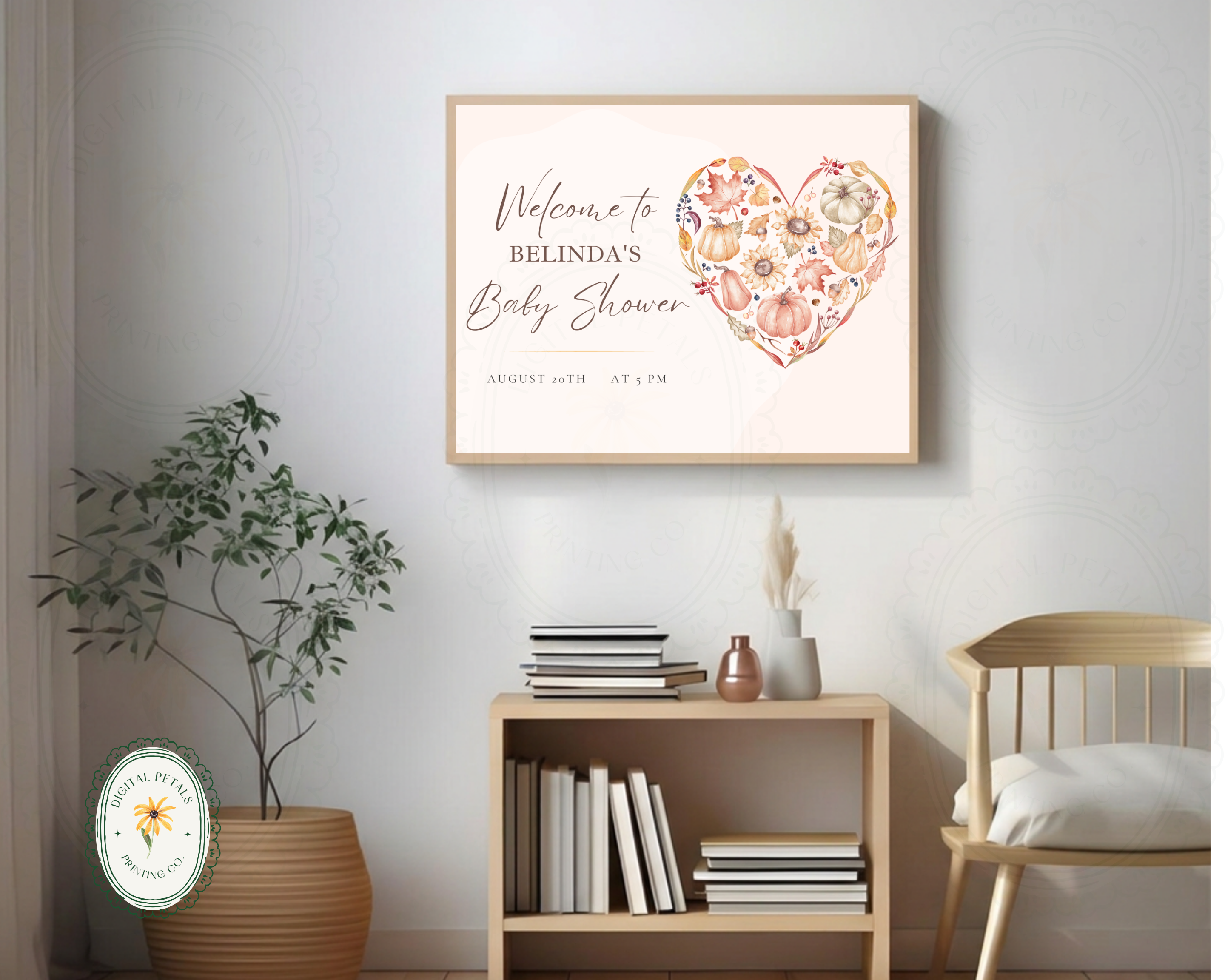 Autumn Baby Shower Welcome Sign | Rustic Heart Floral Border | Editable Canva Digital Download | Print at Home