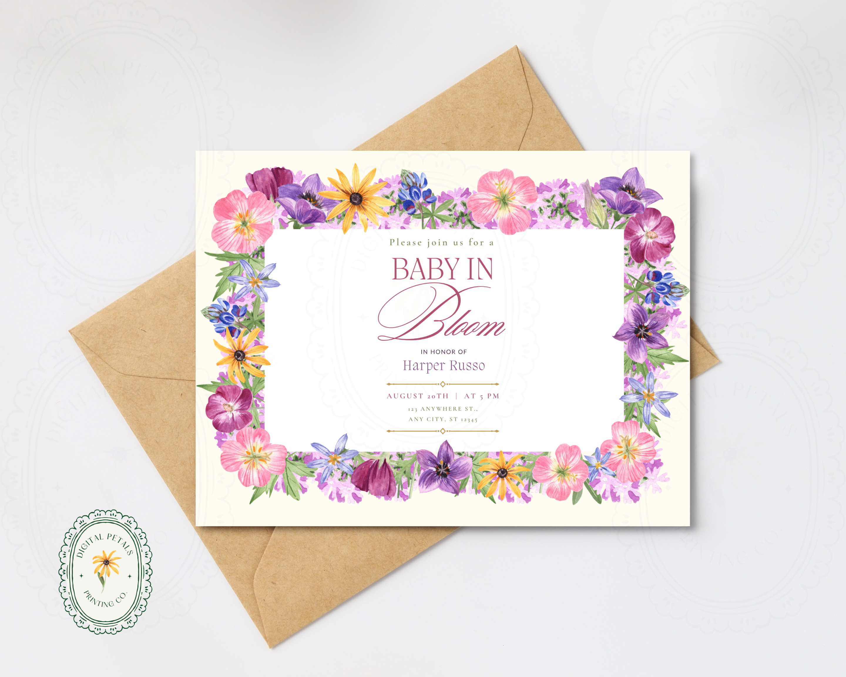 Baby in Bloom Baby Shower Wildflower Invitation | Floral Landscape Digital Download | Canva Editable
