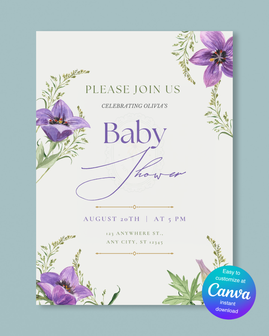 Violet Wildflower Baby Shower Invitation | Minimalist Printable Invite | Digital Download