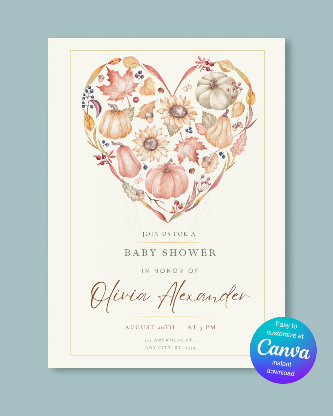 Autumn Heart Baby Shower Invitation | Printable Floral Invite | Digital Download