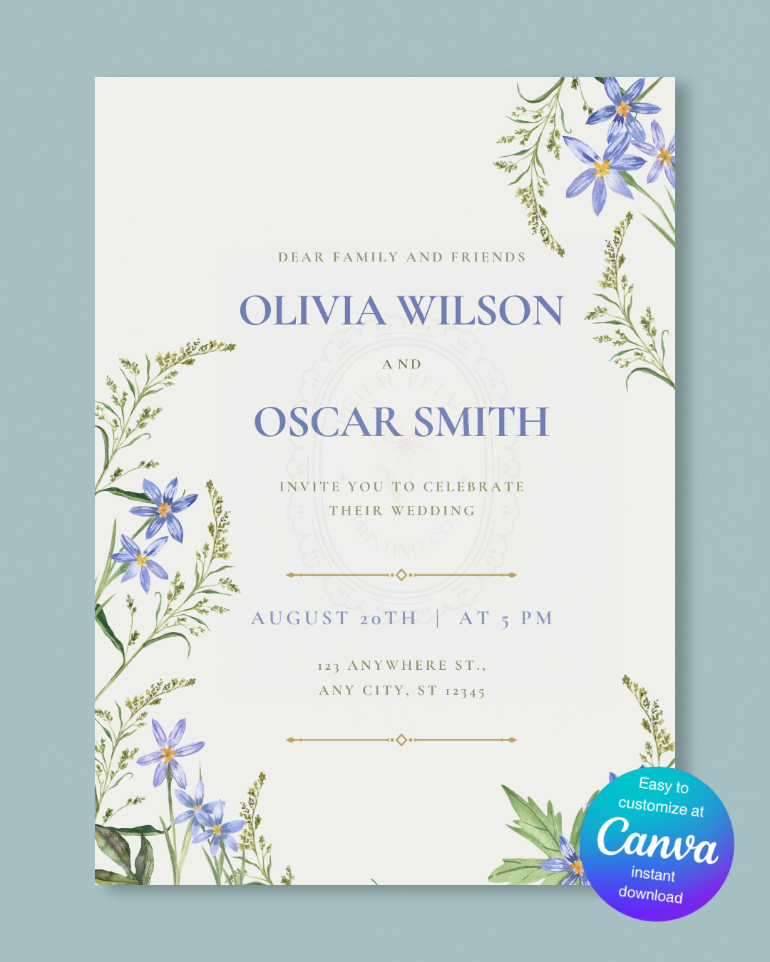 Blue Wildflower Wedding Invitation | Minimalist Printable Invite | Digital Download