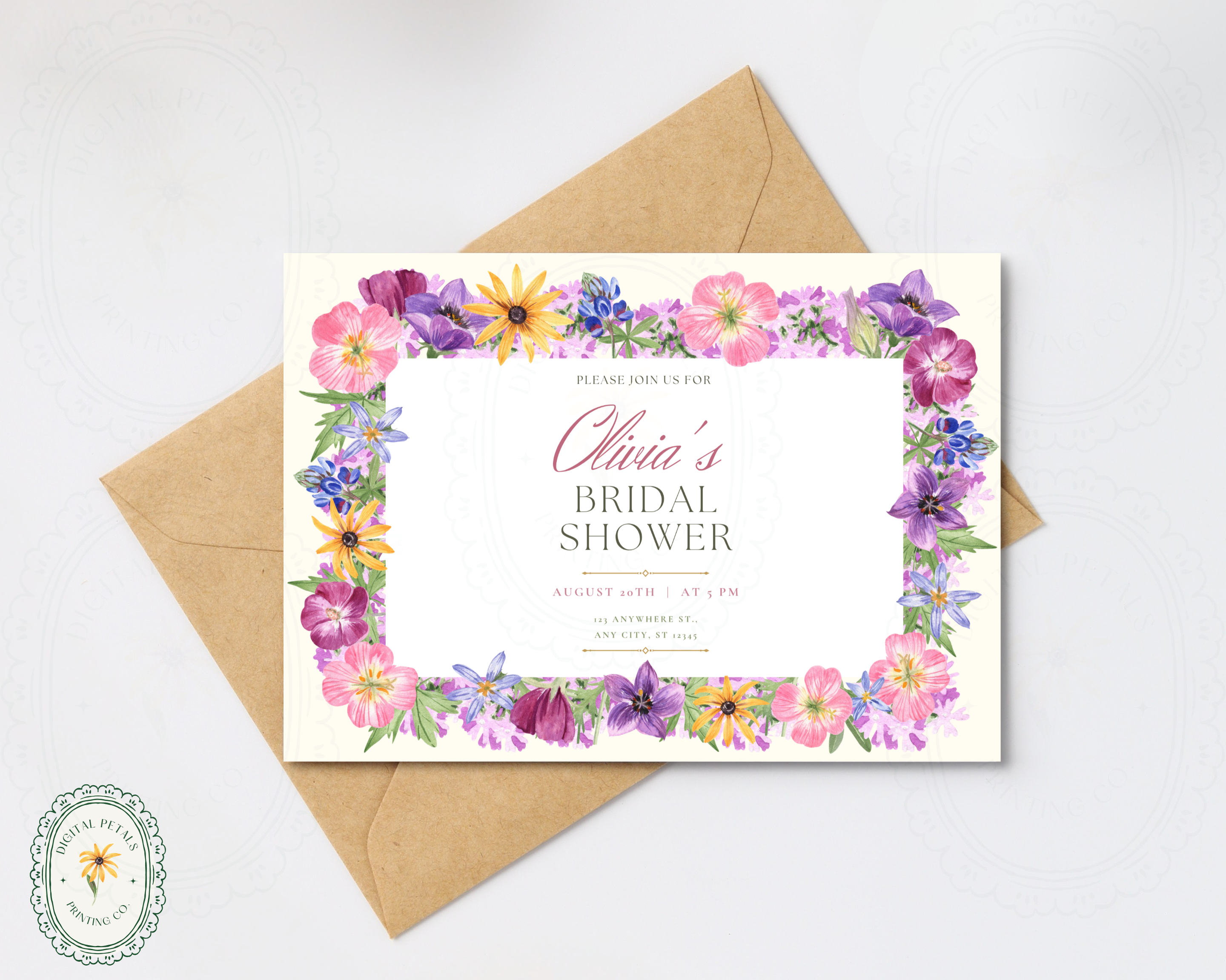 Lavender Spring Wildflowers Bridal Shower Invitation | Printable Landscape Template | Digital Download