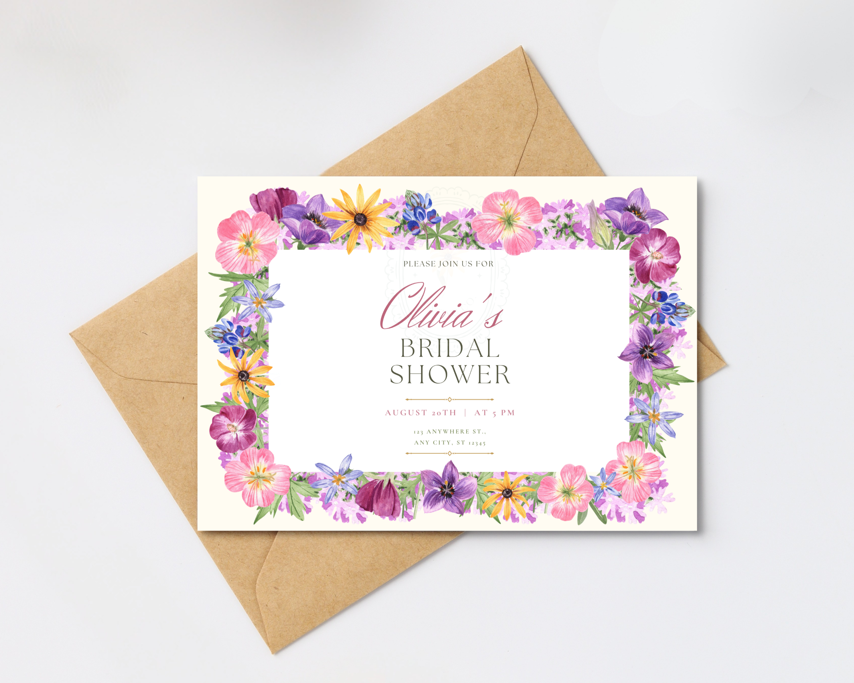 Lavender Spring Wildflowers Bridal Shower Invitation | Printable Landscape Template | Digital Download