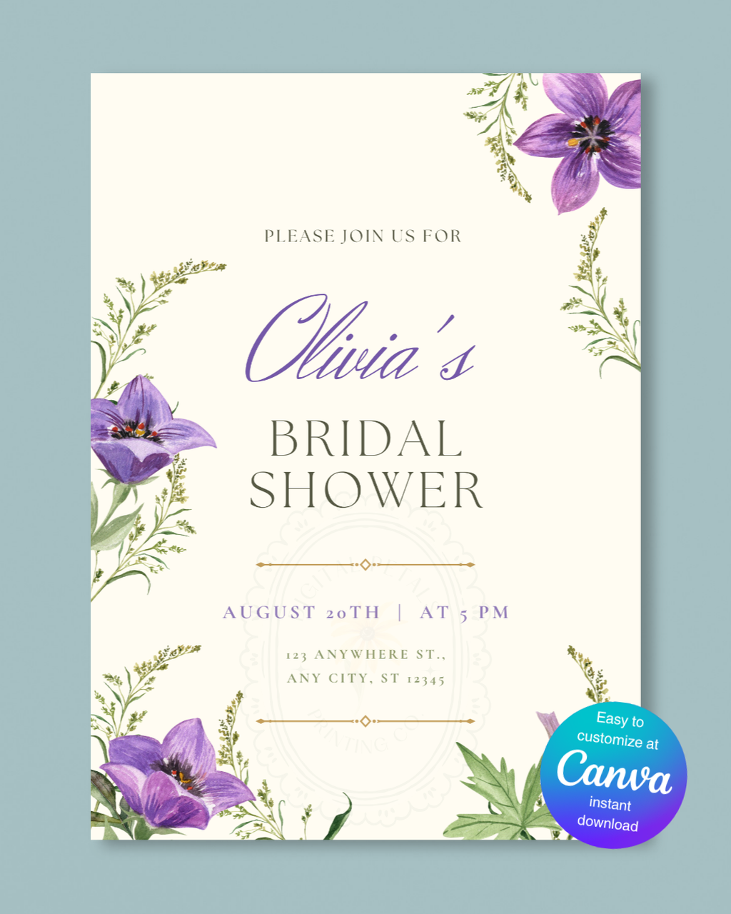Violet & Periwinkle Wildflower Bridal Shower Invitation | Minimalist Printable Invite | Digital Download