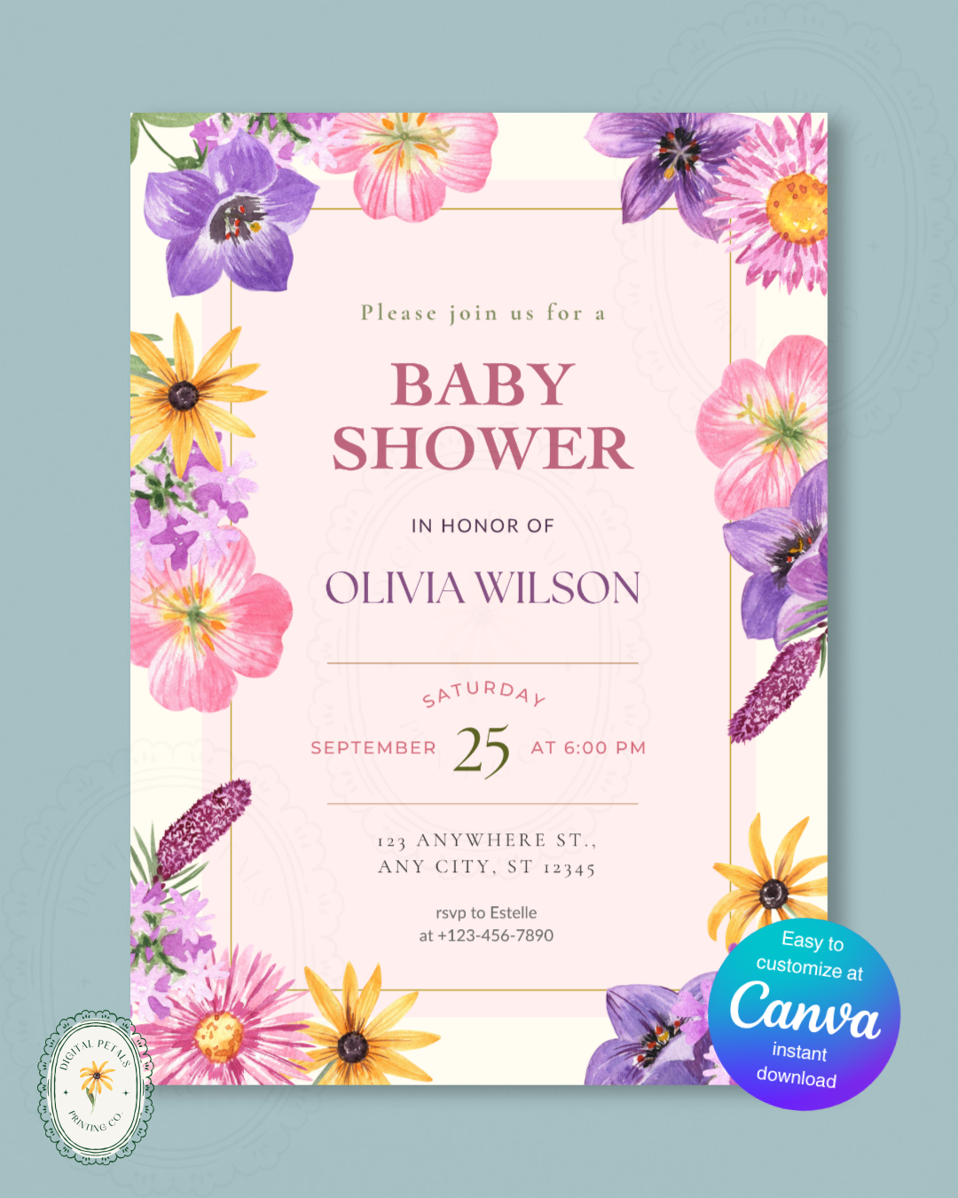 Pink Cottagecore Wildflower Baby Shower Invitation | Editable Canva Template, Spring Floral