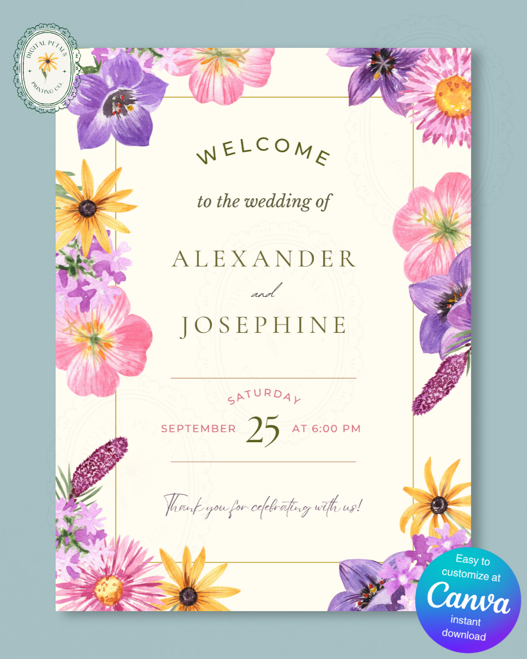 Wildflower Cottagecore Wedding Welcome Sign | Editable Canva Template, Floral Botanical Spring