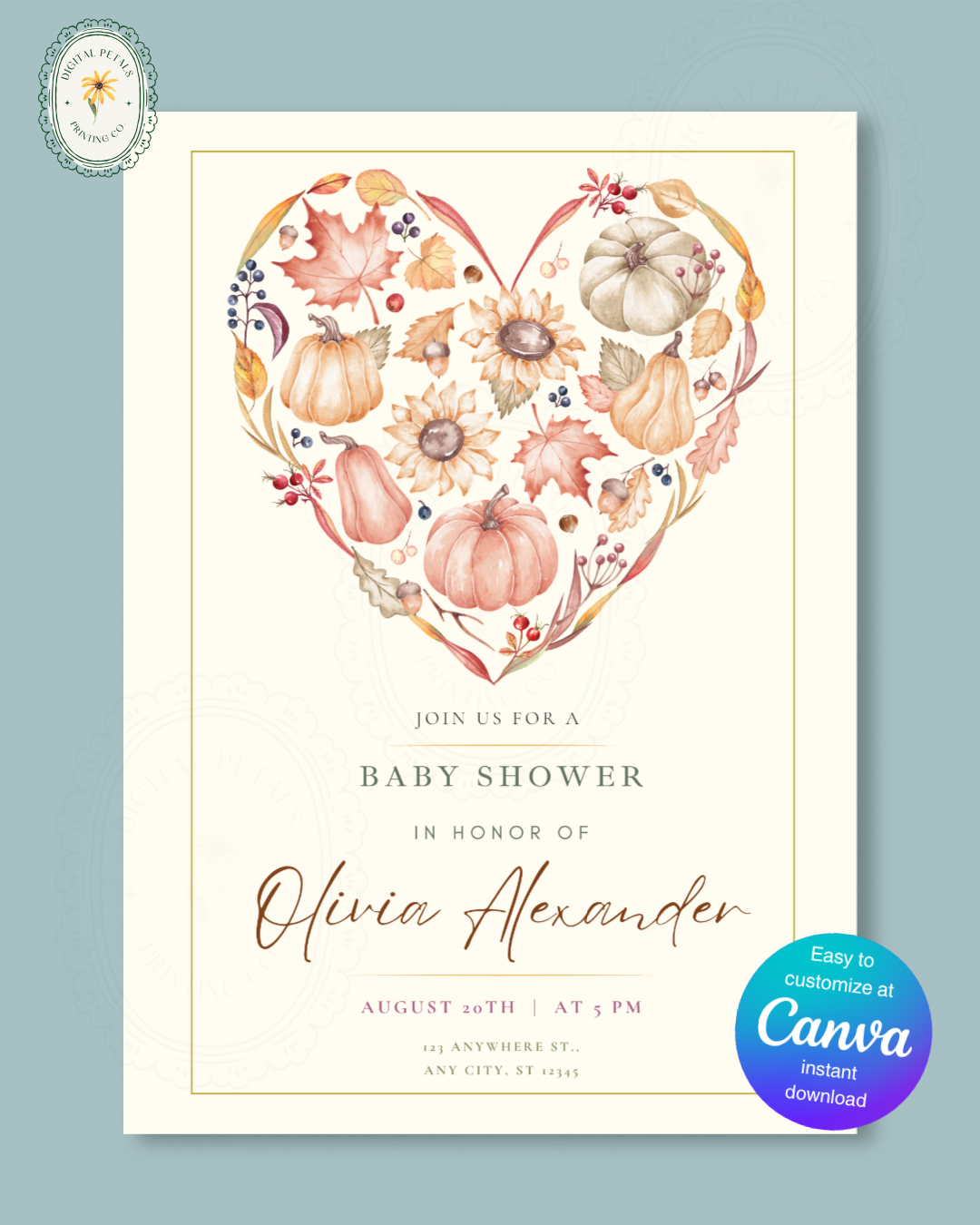 Terracotta & Rust Autumn Heart Baby Shower Invitation | Printable Floral Invite | Digital Download
