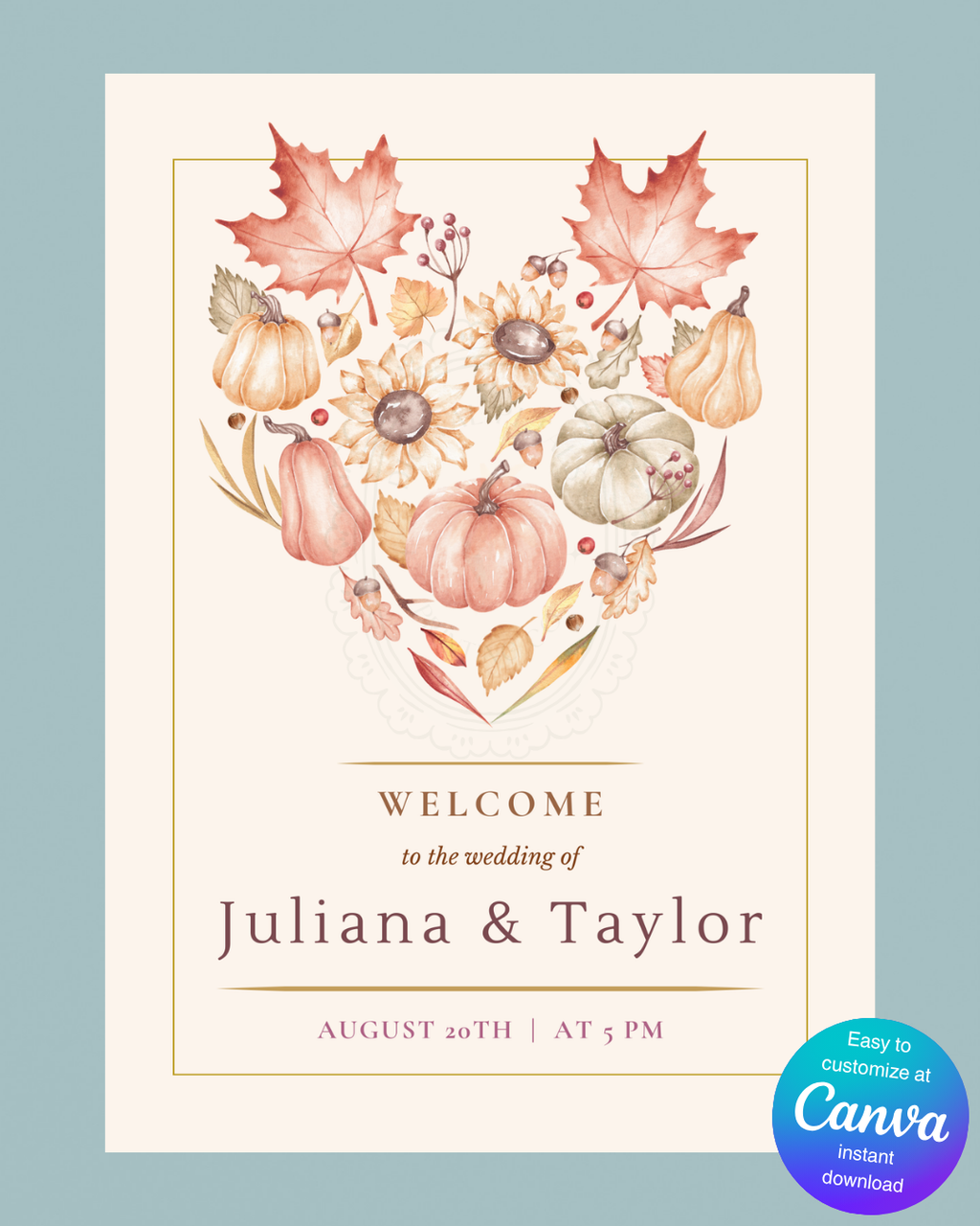 Burgundy Fall Leaves Watercolor Wedding Welcome Sign Template | Editable Digital Download