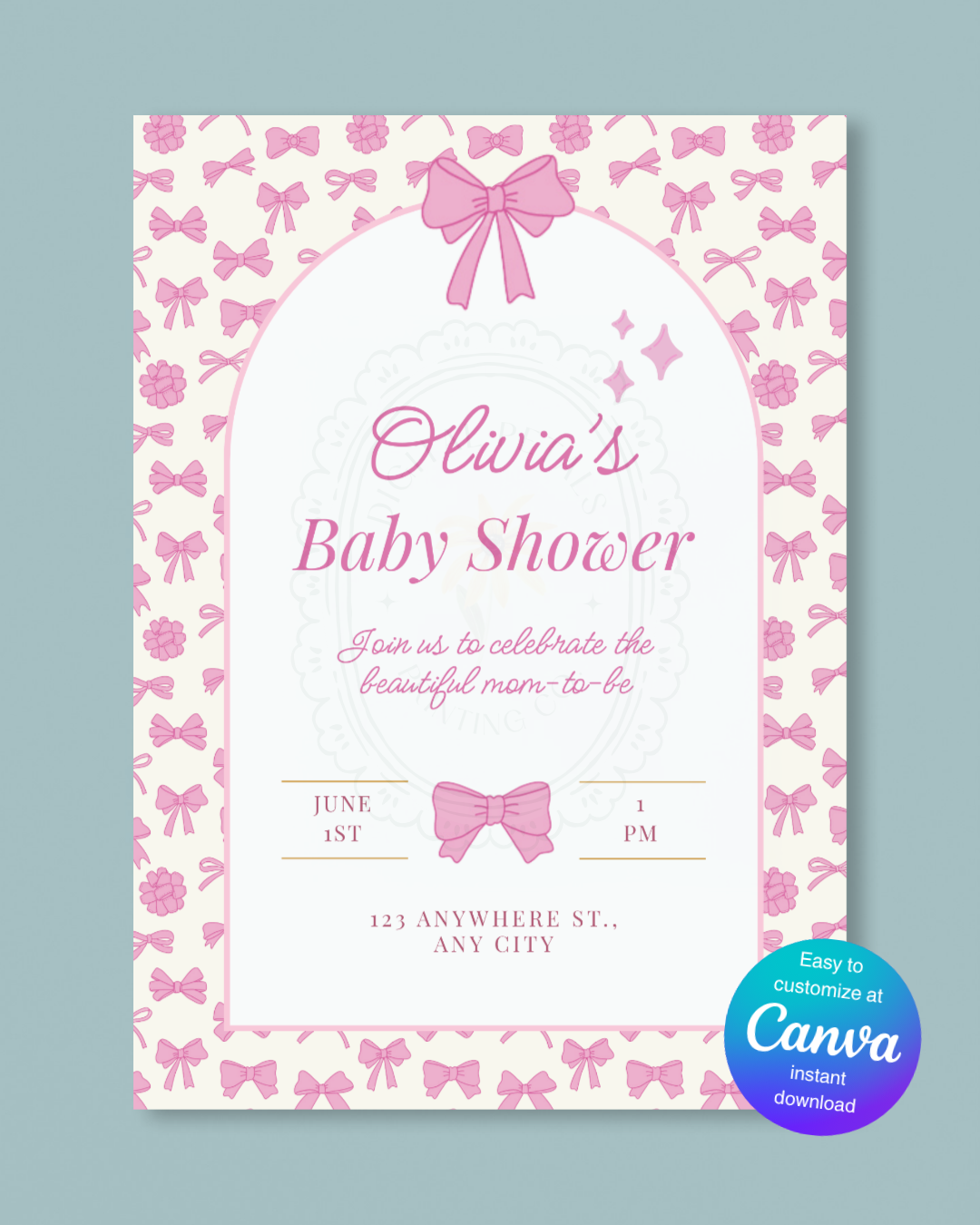 Baby Girl Shower Invitation Template | Pink Ribbons & Bows | Canva Editable