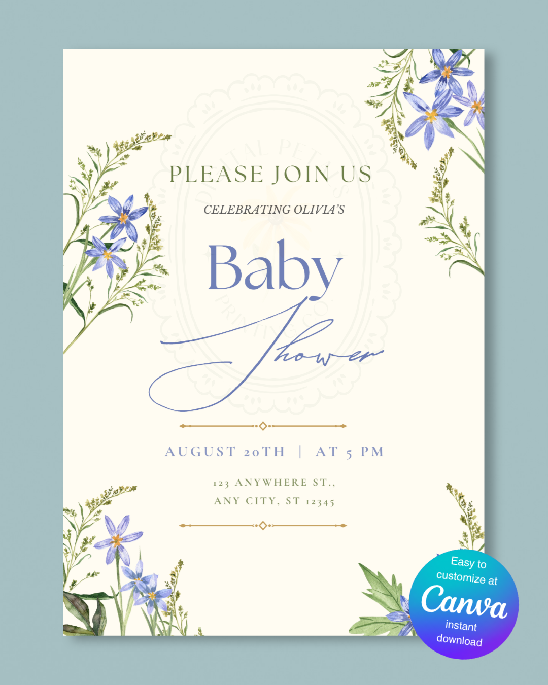 Powder Blue Wildflower Baby Shower Invitation | Minimalist Printable Invite | Digital Download