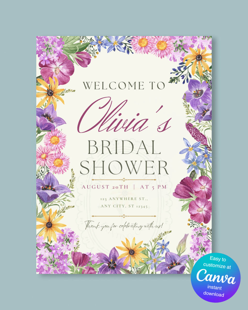 Wildflower Border Bridal Shower Welcome Sign | Editable Canva Template | Digital Download