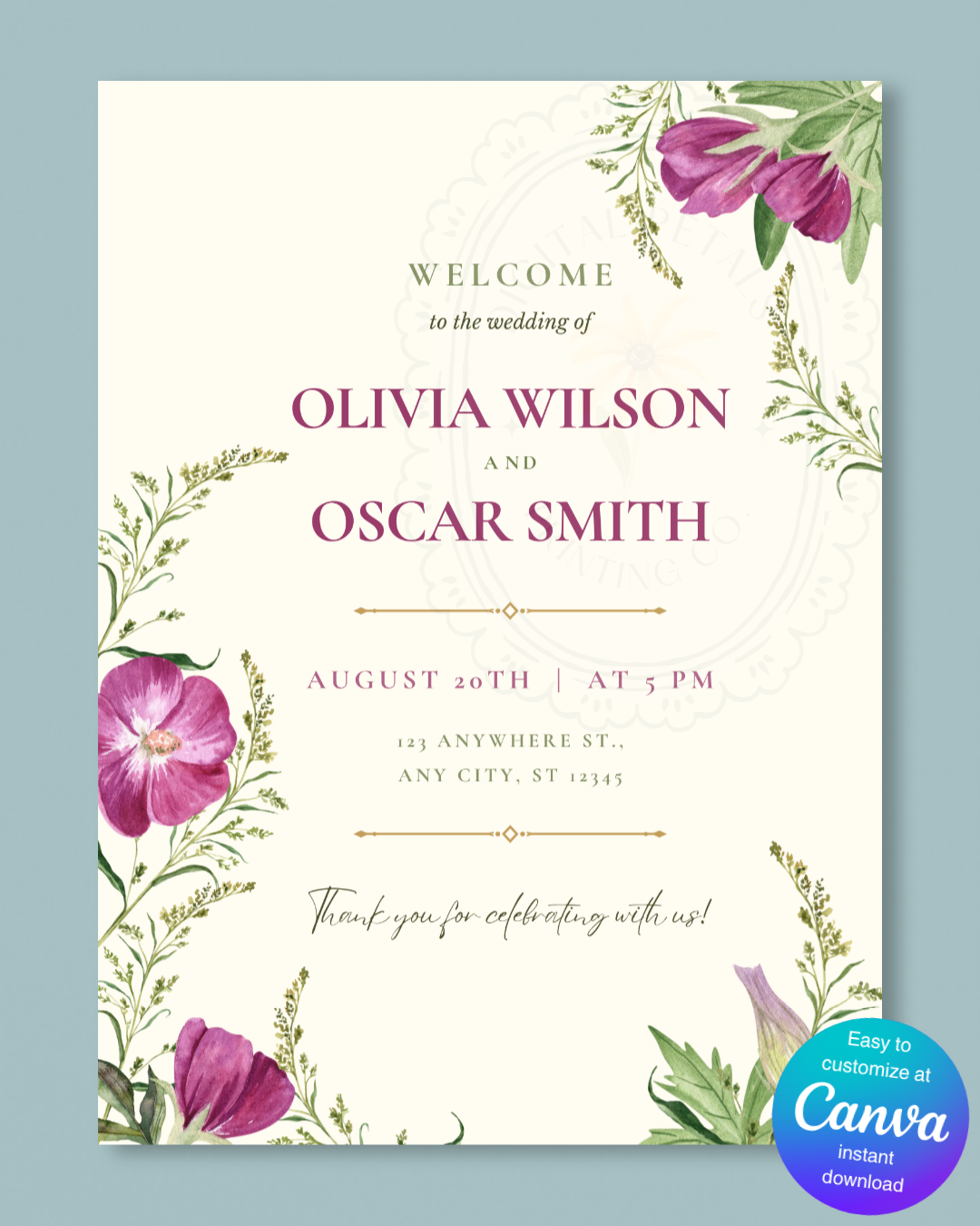 Lavender & Lilac Wildflower Wedding Welcome Sign | Editable Canva Template | Digital Download